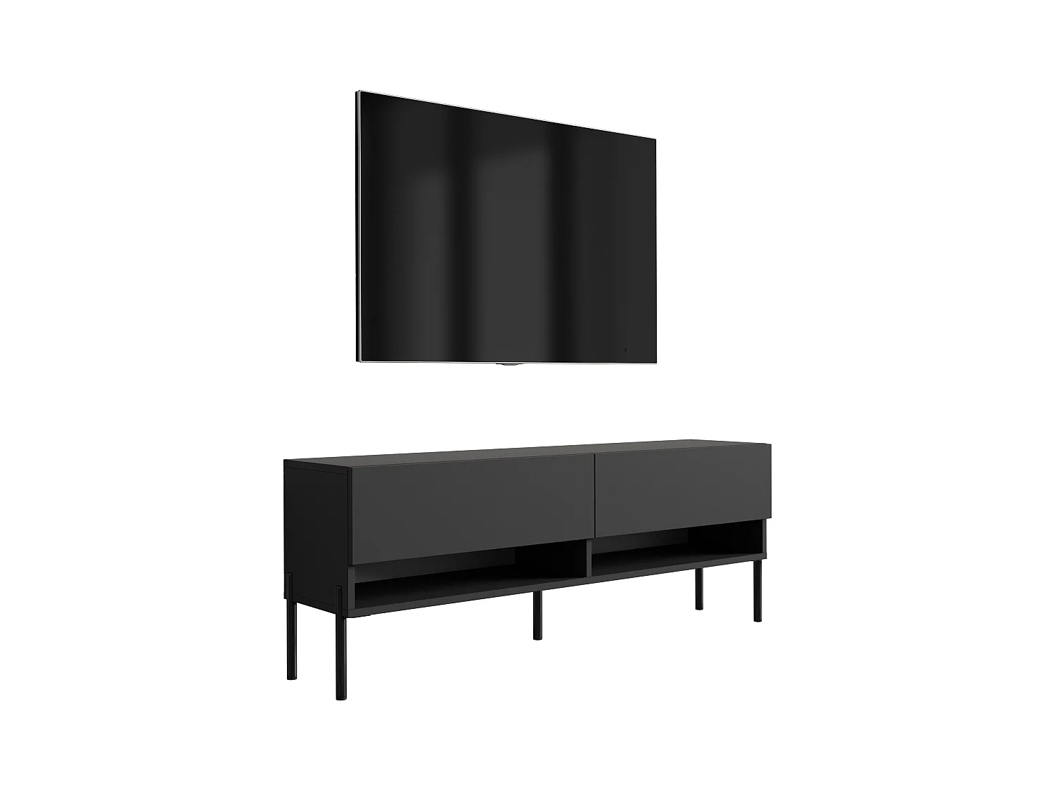 Meuble TV 140 cm Noir Mat, pieds droits noirs, 140 x 32 x 52 cm