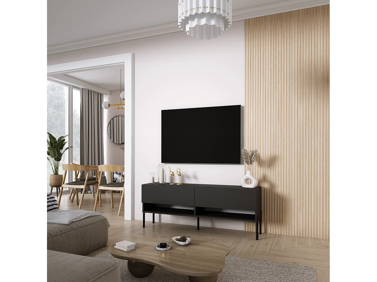 Meuble TV 140 cm Noir Mat, pieds droits noirs, 140 x 32 x 52 cm