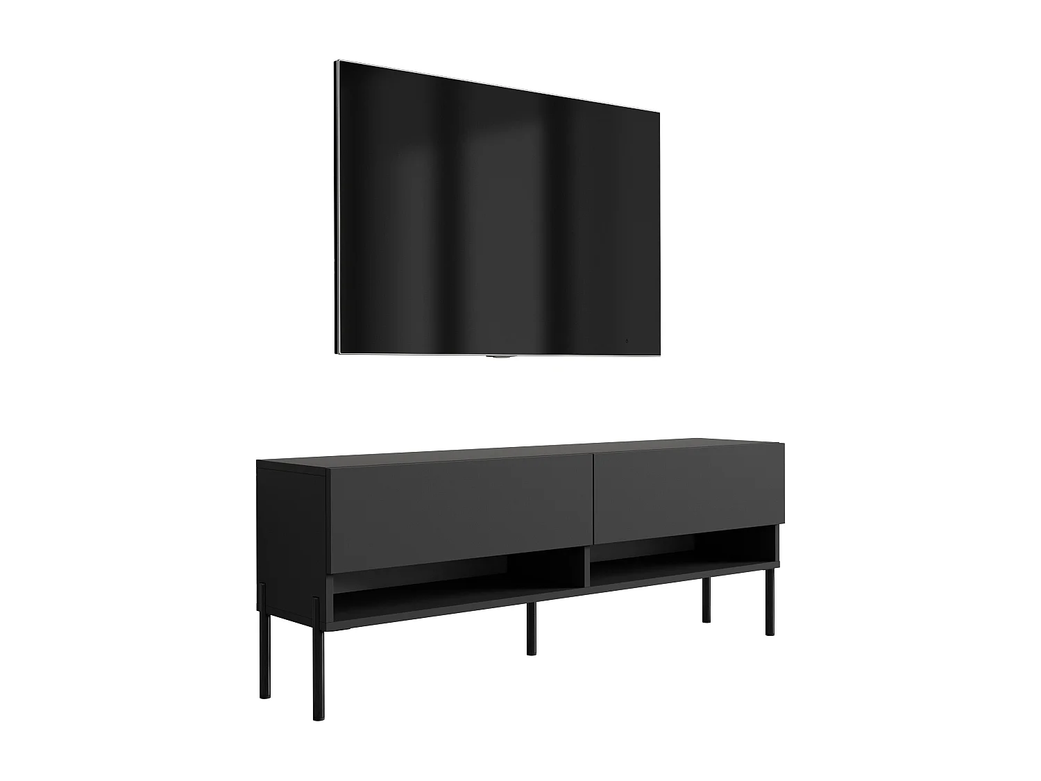 Meuble TV 140 cm Noir Mat, pieds droits noirs, 140 x 32 x 52 cm