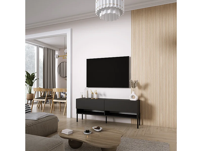 Mobile TV 140 cm Nero opaco, gambe nere dritte, 140 × 32 × 52 cm