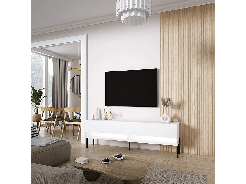 TV-Lowboard 170 cm Mattweiß, gerade schwarze Beine, weiße LED, 170 × 32 × 52 cm