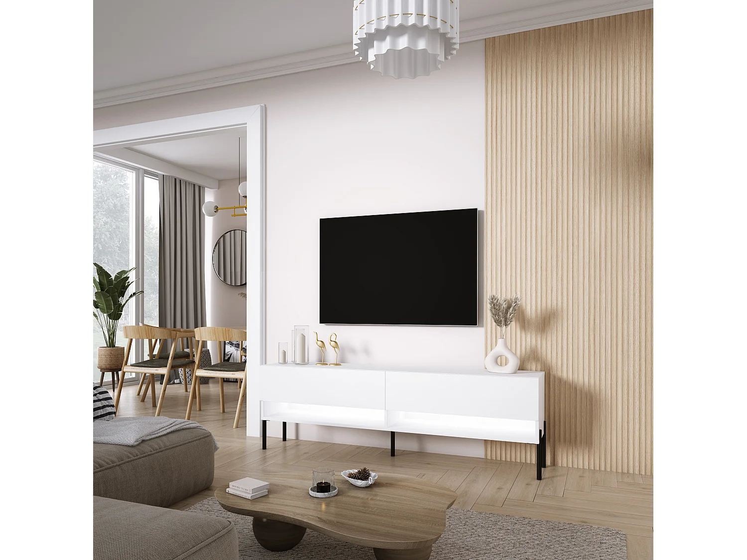 Meuble TV 170 cm Blanc Mat, pieds droits noirs, LED blanche, 170 x 32 x 52 cm