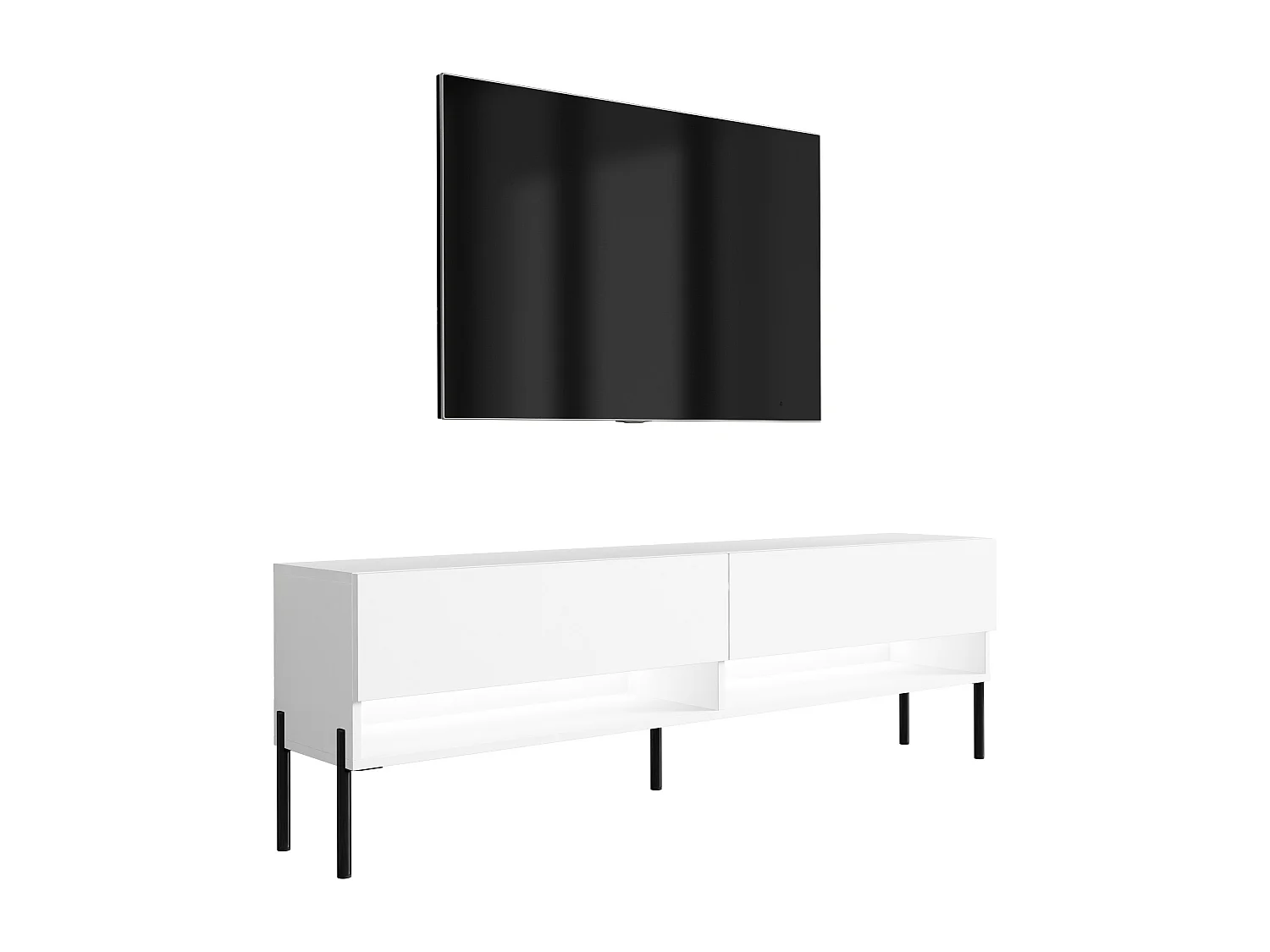 Meuble TV 170 cm Blanc Mat, pieds droits noirs, LED blanche, 170 x 32 x 52 cm