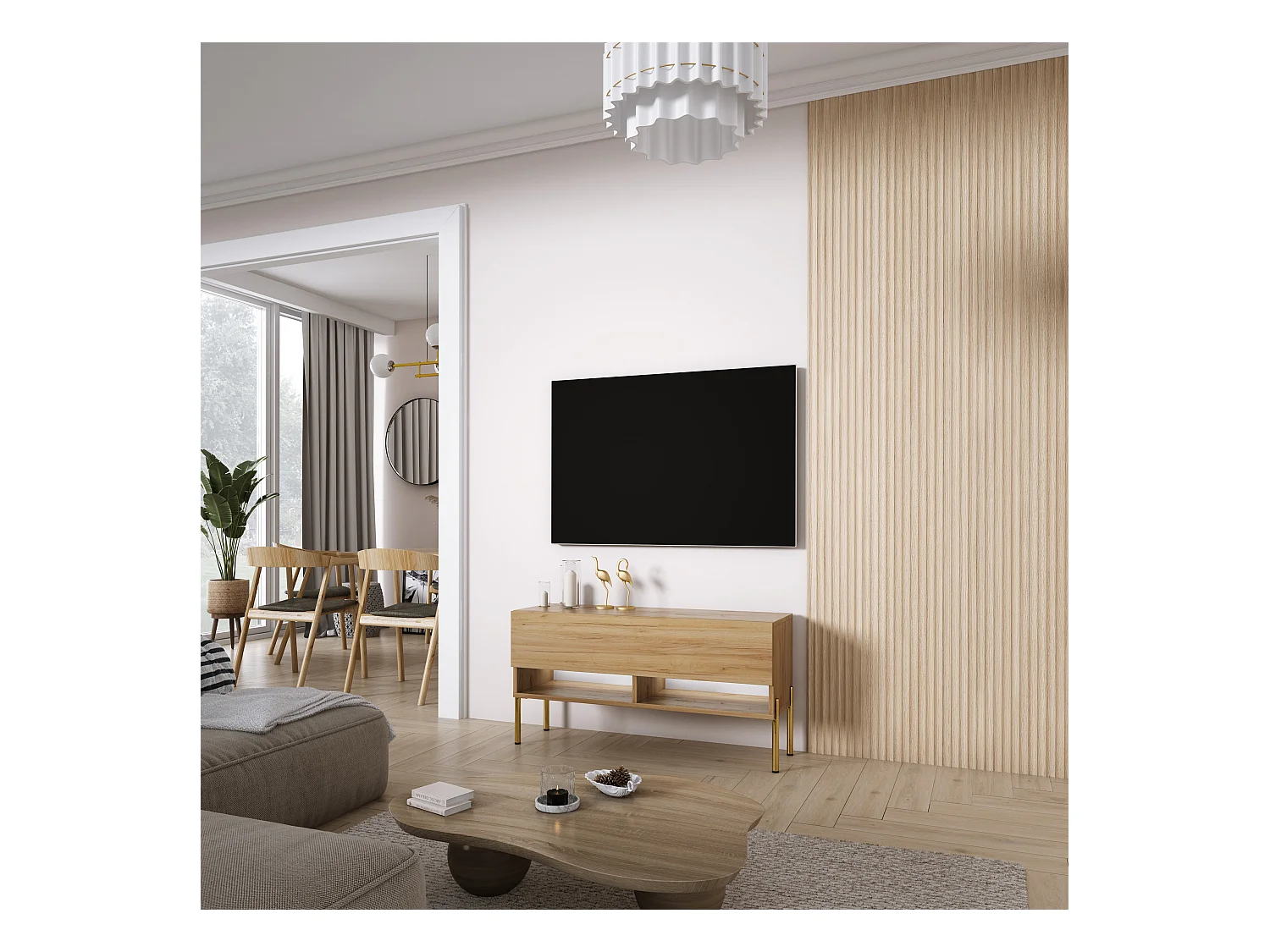 Meuble TV 100 cm Chêne Craft, pieds droits dorés, LED blanche, 100 x 32 x 52 cm