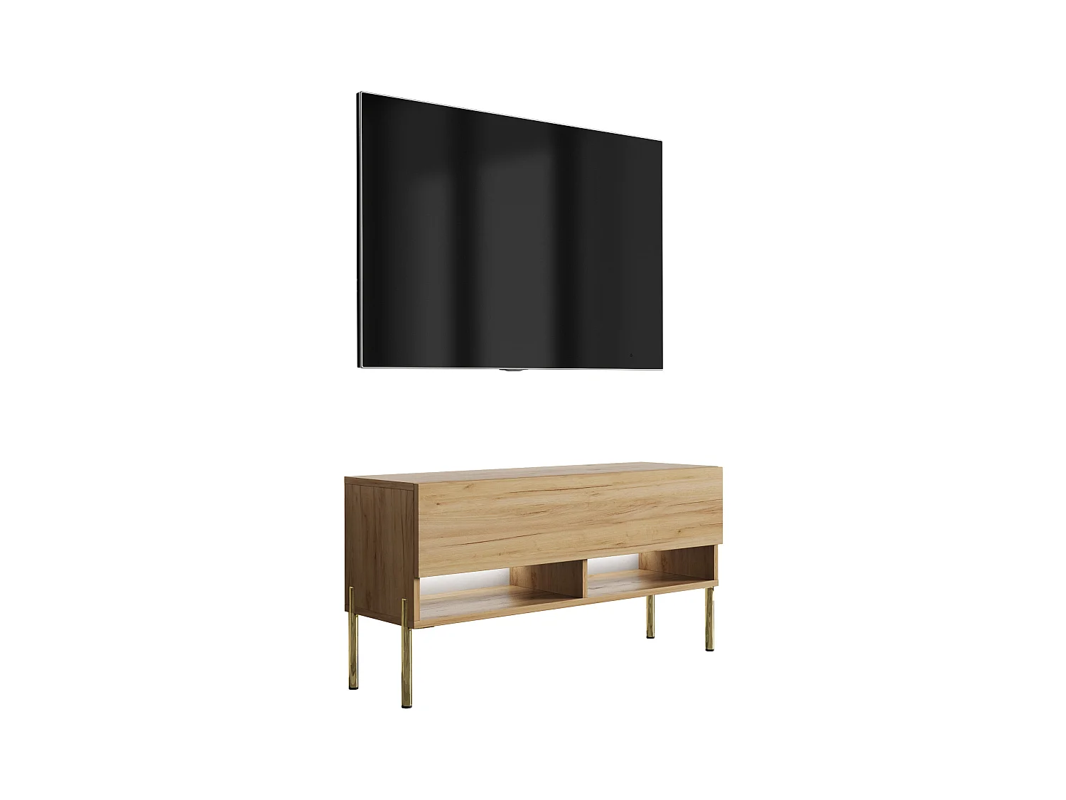 Meuble TV 100 cm Chêne Craft, pieds droits dorés, LED blanche, 100 x 32 x 52 cm