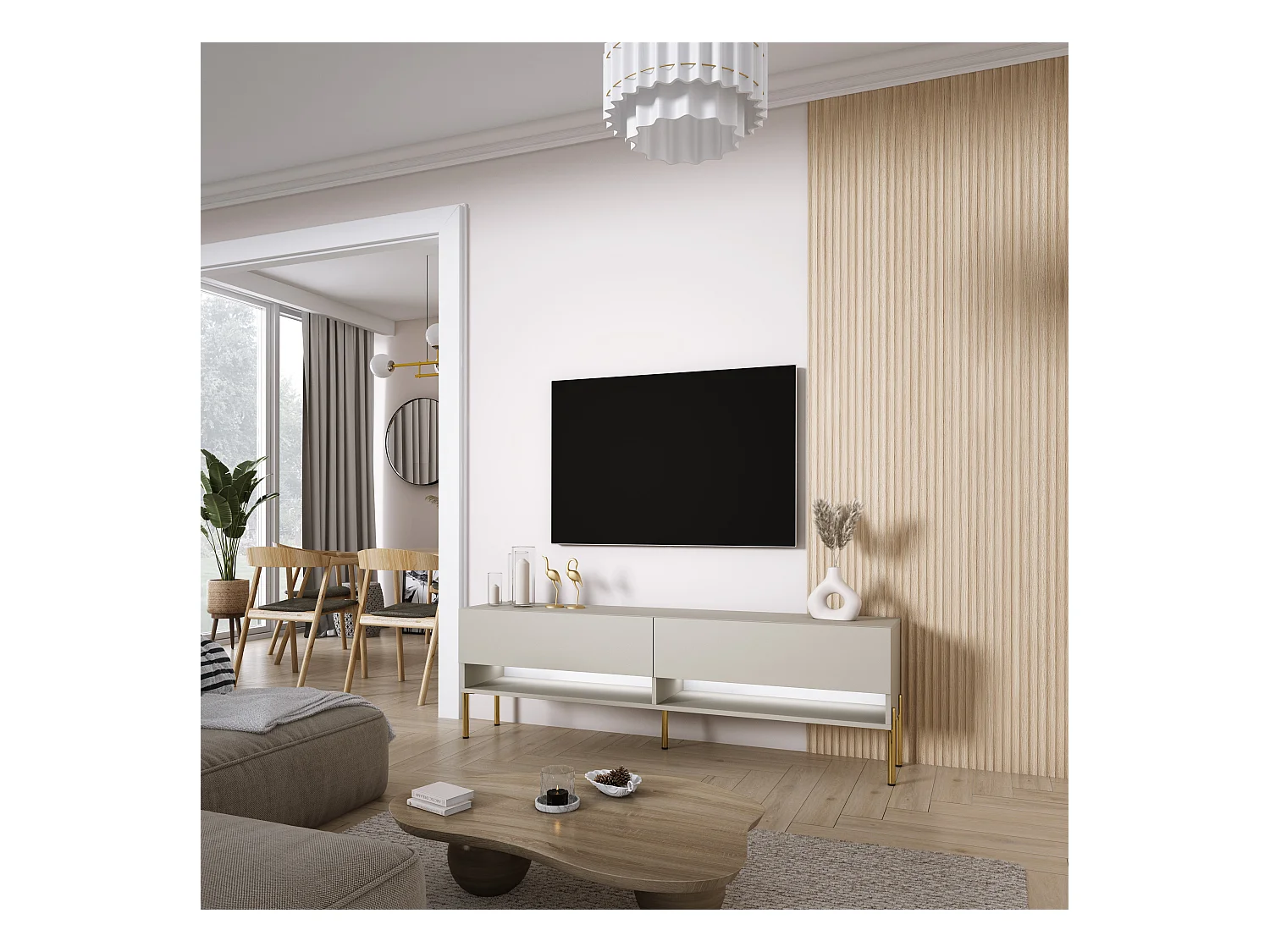 Meuble TV 170 cm Cachemire, pieds droits dorés, LED blanche, 170 x 32 x 52 cm