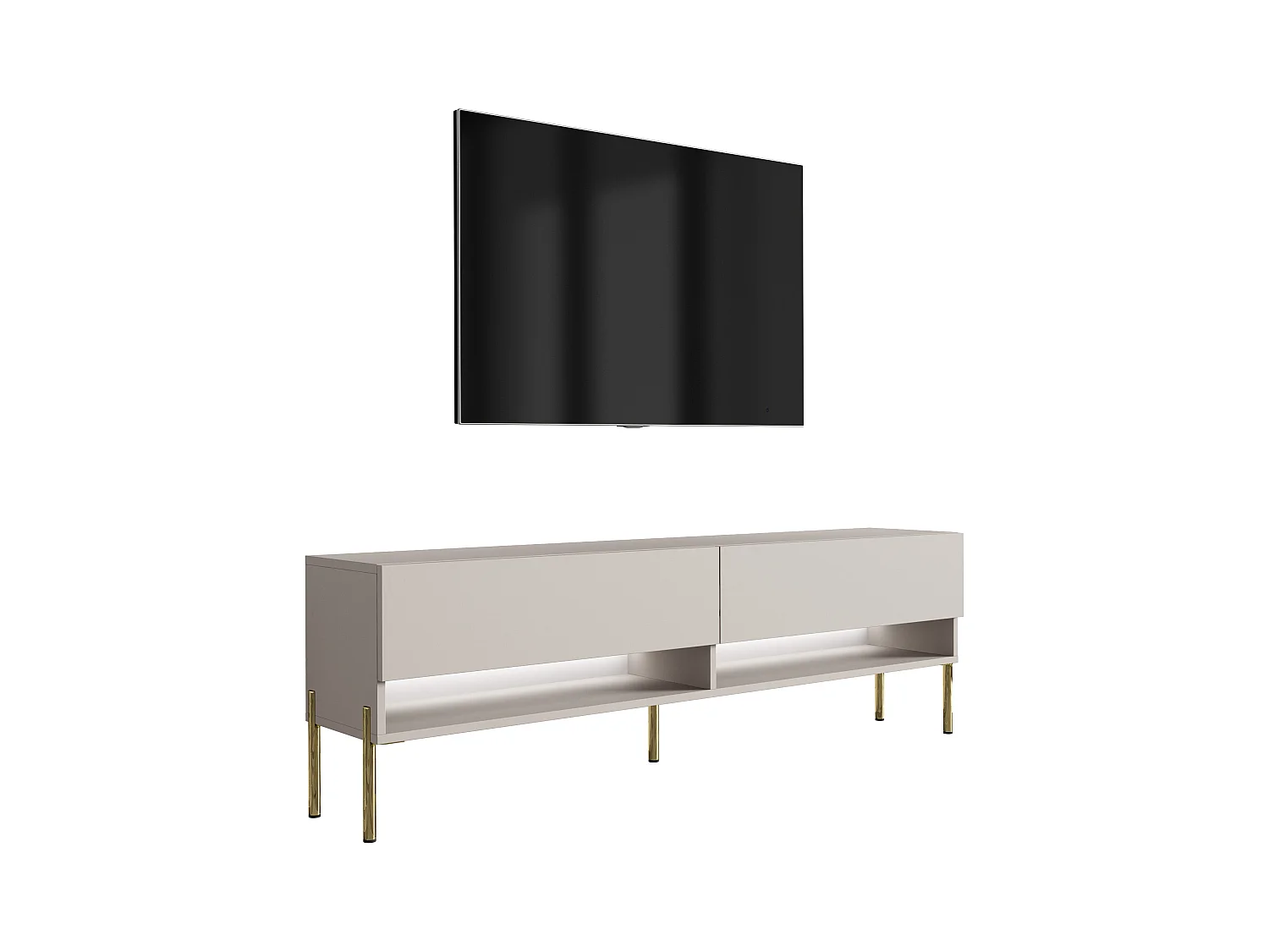 Meuble TV 170 cm Cachemire, pieds droits dorés, LED blanche, 170 x 32 x 52 cm