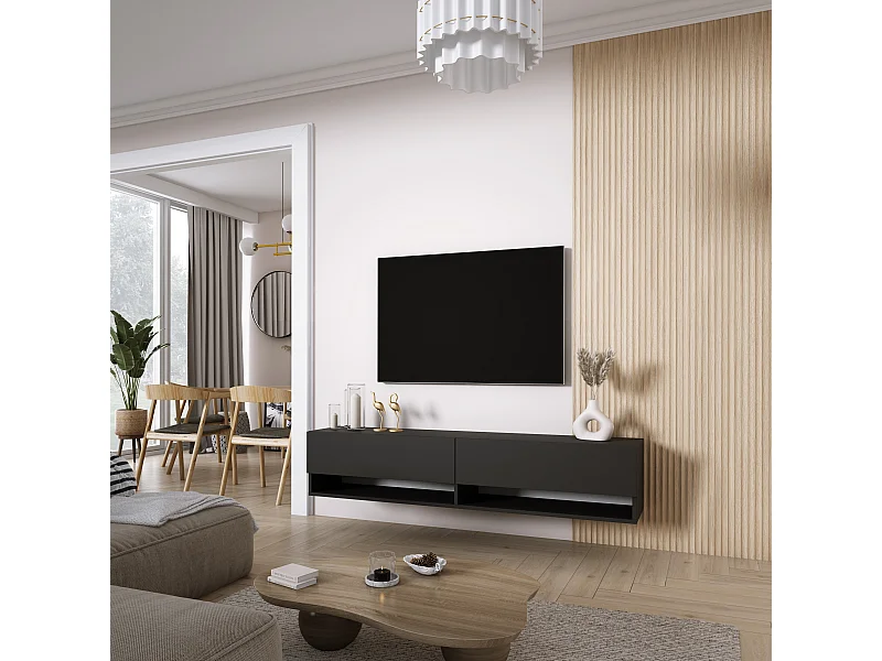 Meuble TV 170 cm Noir Mat, 170 x 32 x 34 cm