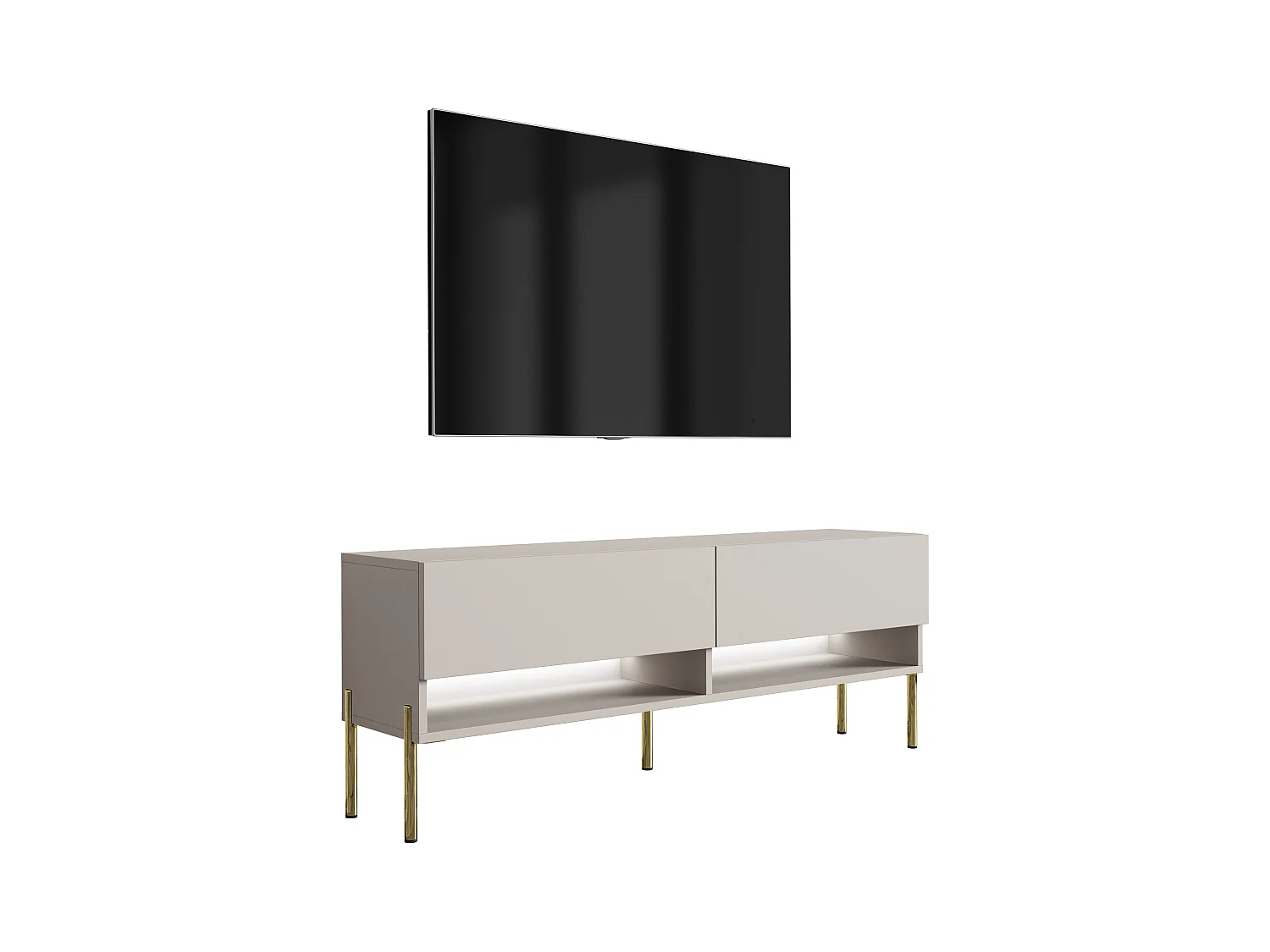 Meuble TV 140 cm Cachemire, pieds droits dorés, LED blanche, 140 x 32 x 52 cm
