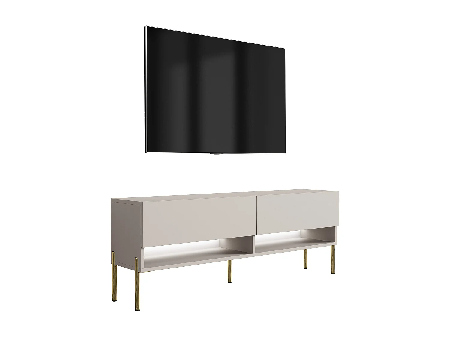 Meuble TV 140 cm Cachemire, pieds droits dorés, LED blanche, 140 x 32 x 52 cm