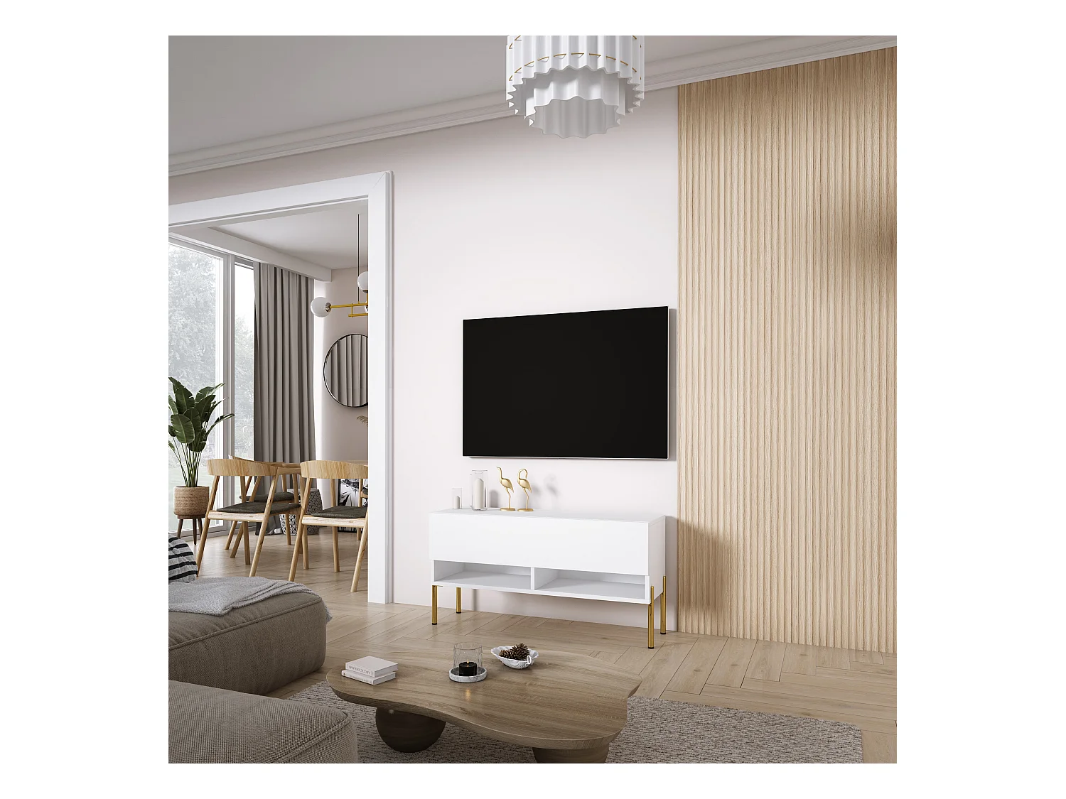 Meuble TV 100 cm Blanc Mat, pieds droits dorés, 100 x 32 x 52 cm