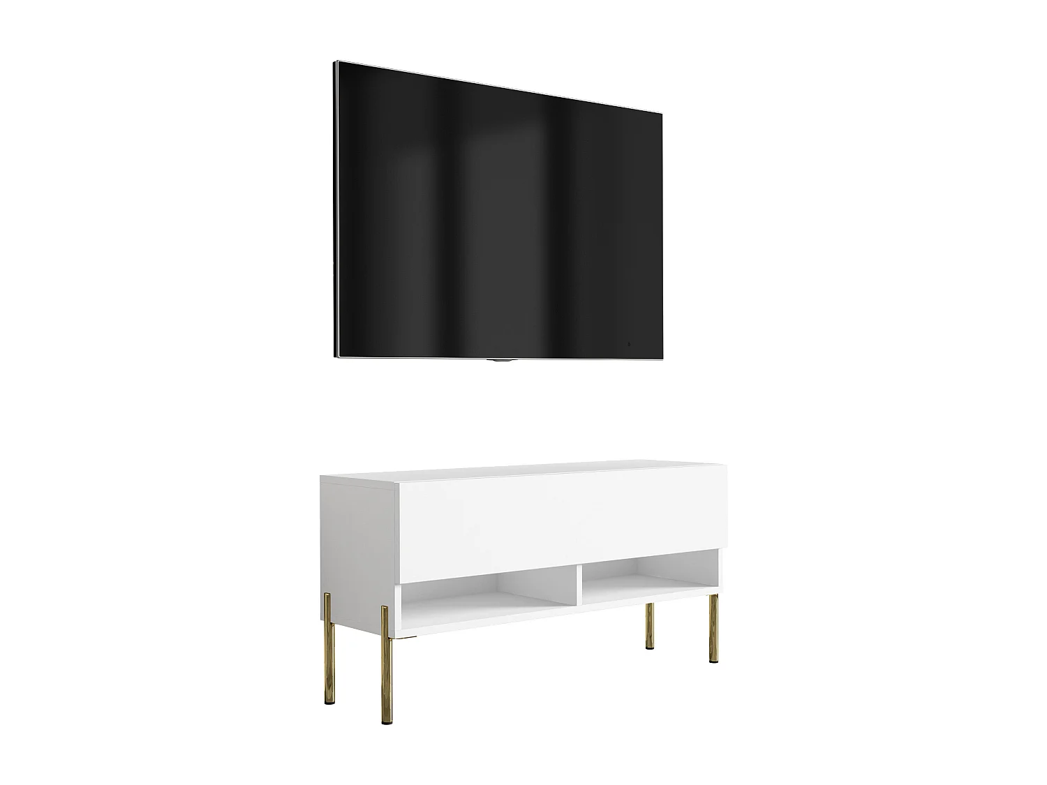Meuble TV 100 cm Blanc Mat, pieds droits dorés, 100 x 32 x 52 cm