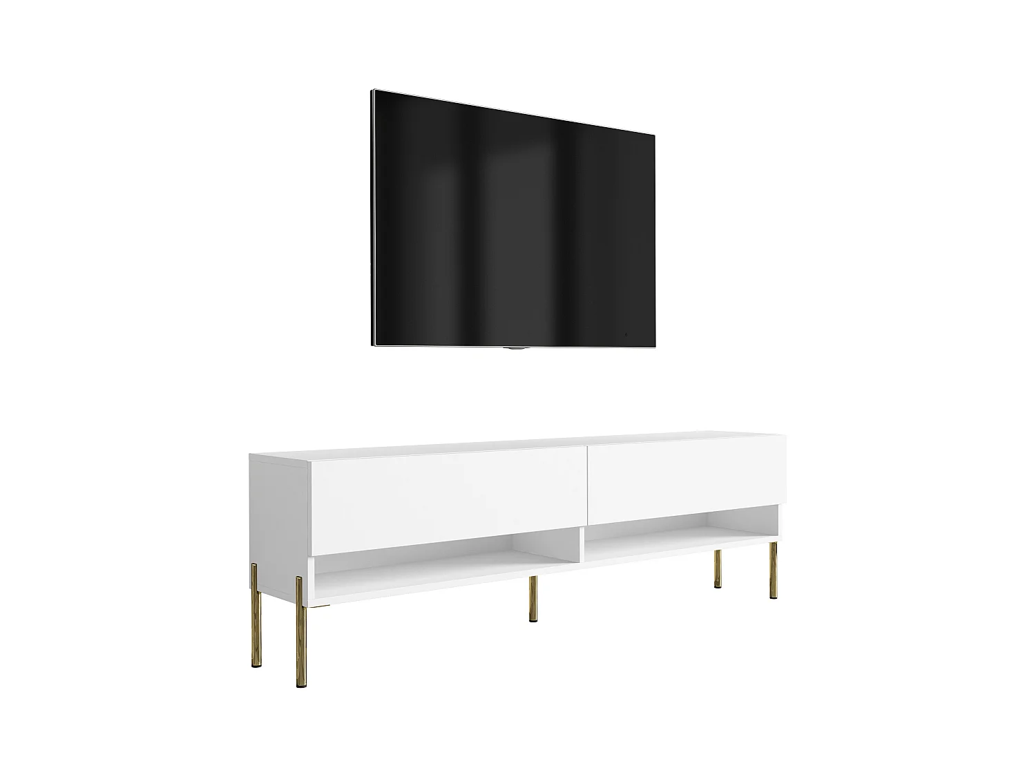 Meuble TV 170 cm Blanc Mat, pieds droits dorés, 170 x 32 x 52 cm