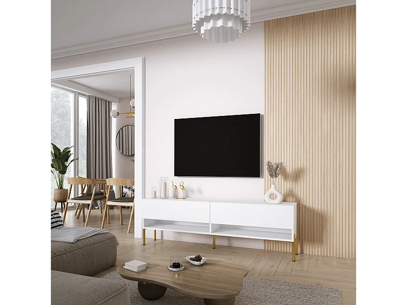 Meuble TV 170 cm Blanc Mat, pieds droits dorés, 170 x 32 x 52 cm