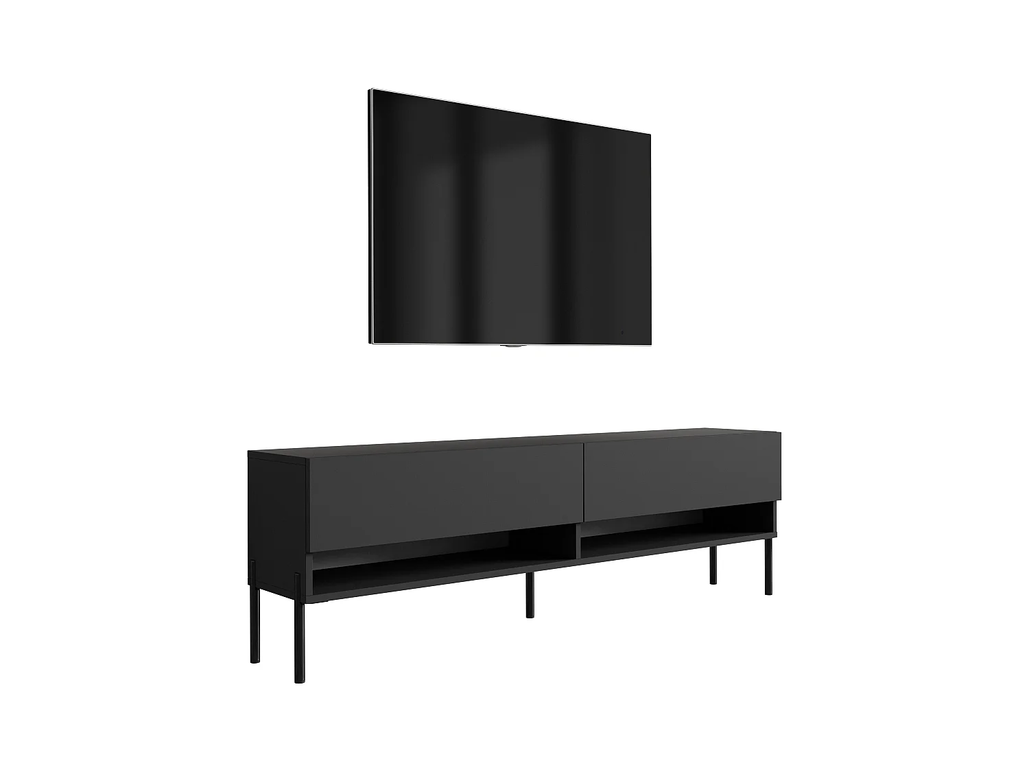 Meuble TV 170 cm Noir Mat, pieds droits noirs, 170 x 32 x 52 cm