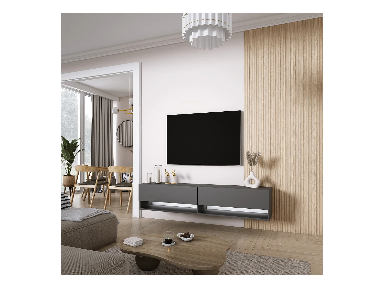 Meuble TV 170 cm Anthracite, LED blanc, 170 x 32 x 34 cm