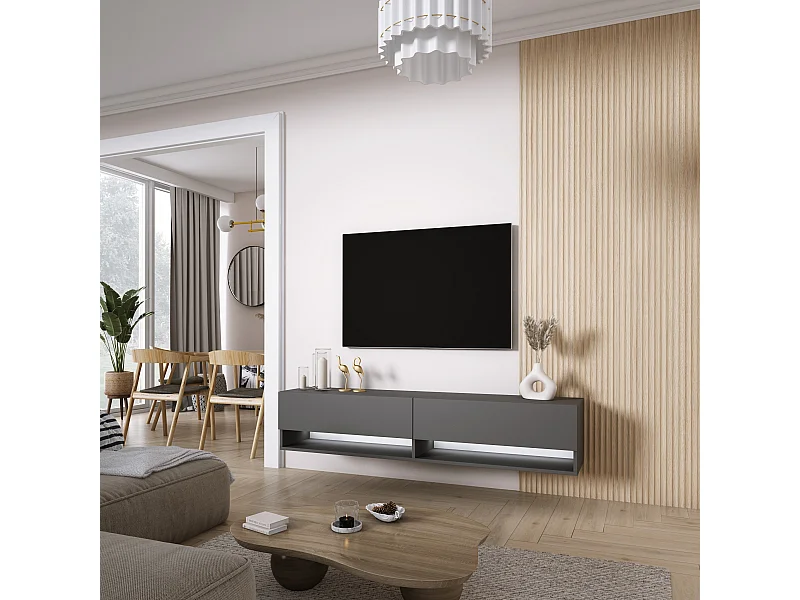 Meuble TV 170 cm Anthracite, LED blanc, 170 x 32 x 34 cm