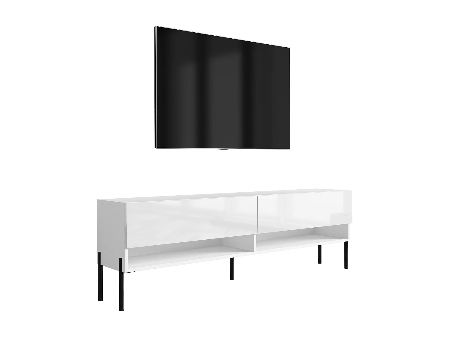 Meuble TV 170 cm Blanc Mat / Blanc Brillant, pieds droits noirs, 170 x 32 x 52 cm