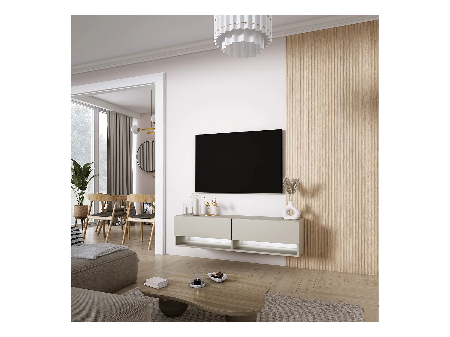 TV-Lowboard 140 cm Kaschmir, LED weiß, 140 × 32 × 34 cm