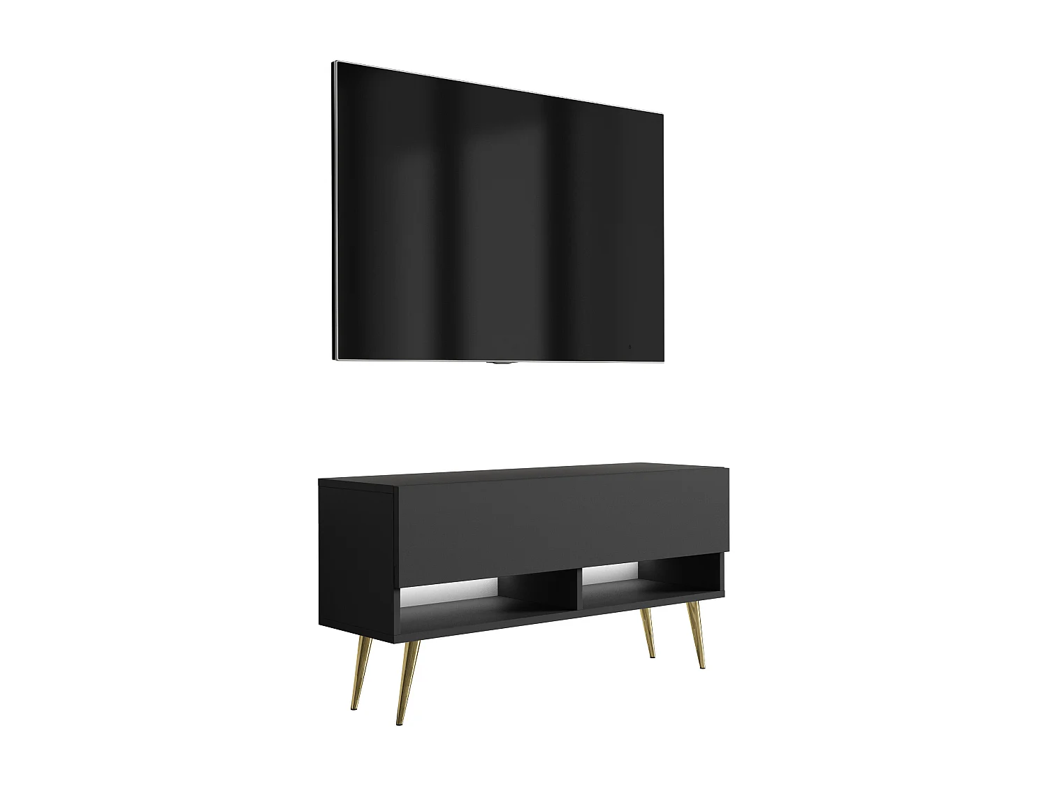 TV-skab: Matsort, guldfarvede skråben, hvid LED, 100 × 32 × 52 cm
