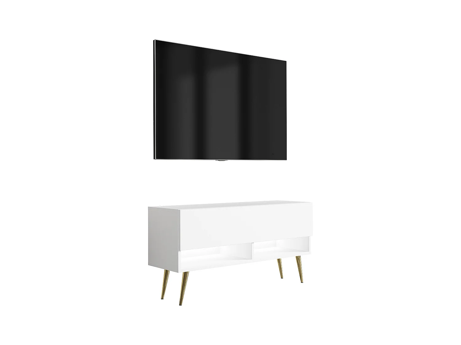 Meuble TV 100 cm Blanc Mat, pieds obliques dorés, LED blanche, 100 x 32 x 52 cm