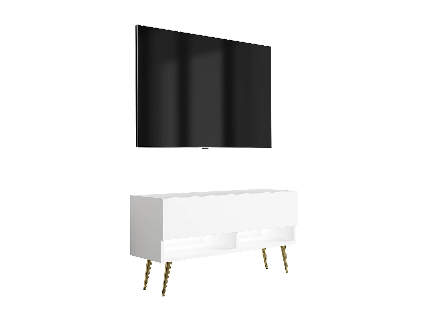 Meuble TV 100 cm Blanc Mat, pieds obliques dorés, LED blanche, 100 x 32 x 52 cm