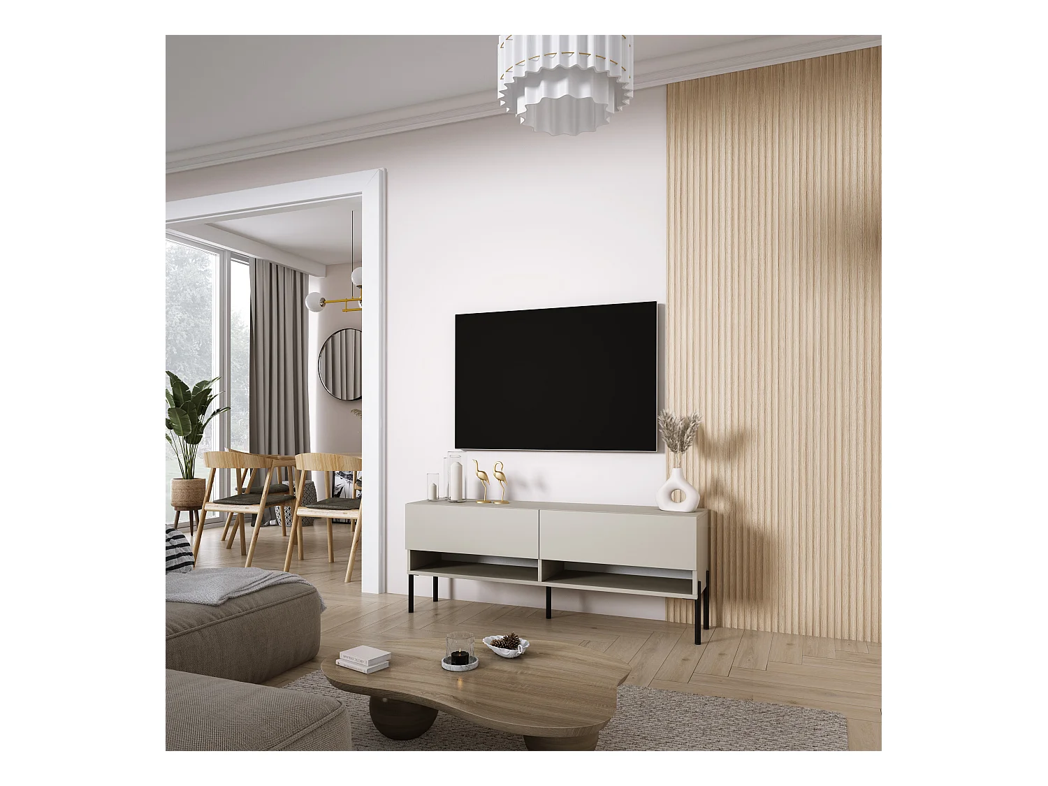 Meuble TV 140 cm Cachemire, pieds droits noirs, 140 x 32 x 52 cm
