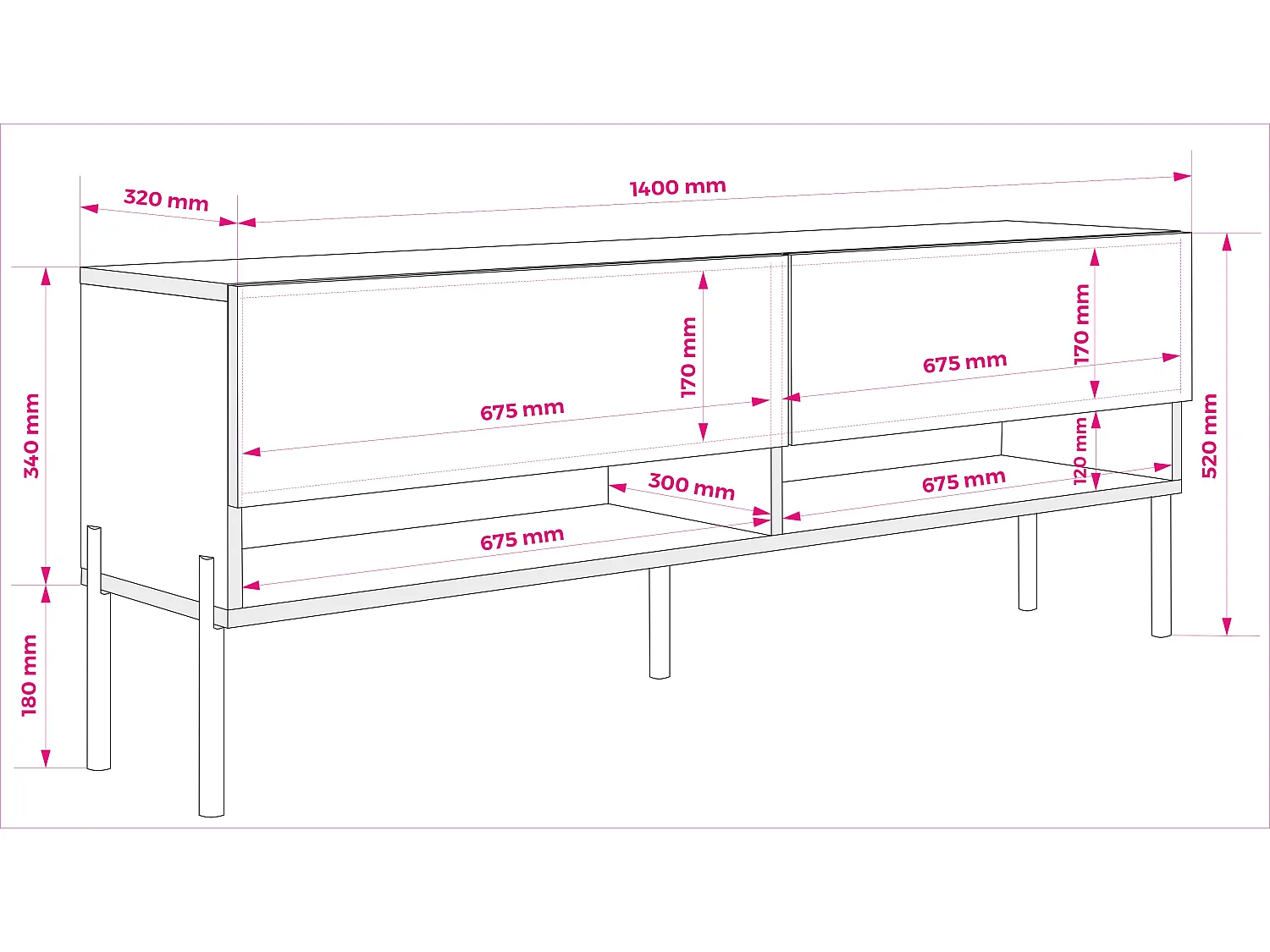 Meuble TV 140 cm Cachemire, pieds droits noirs, 140 x 32 x 52 cm