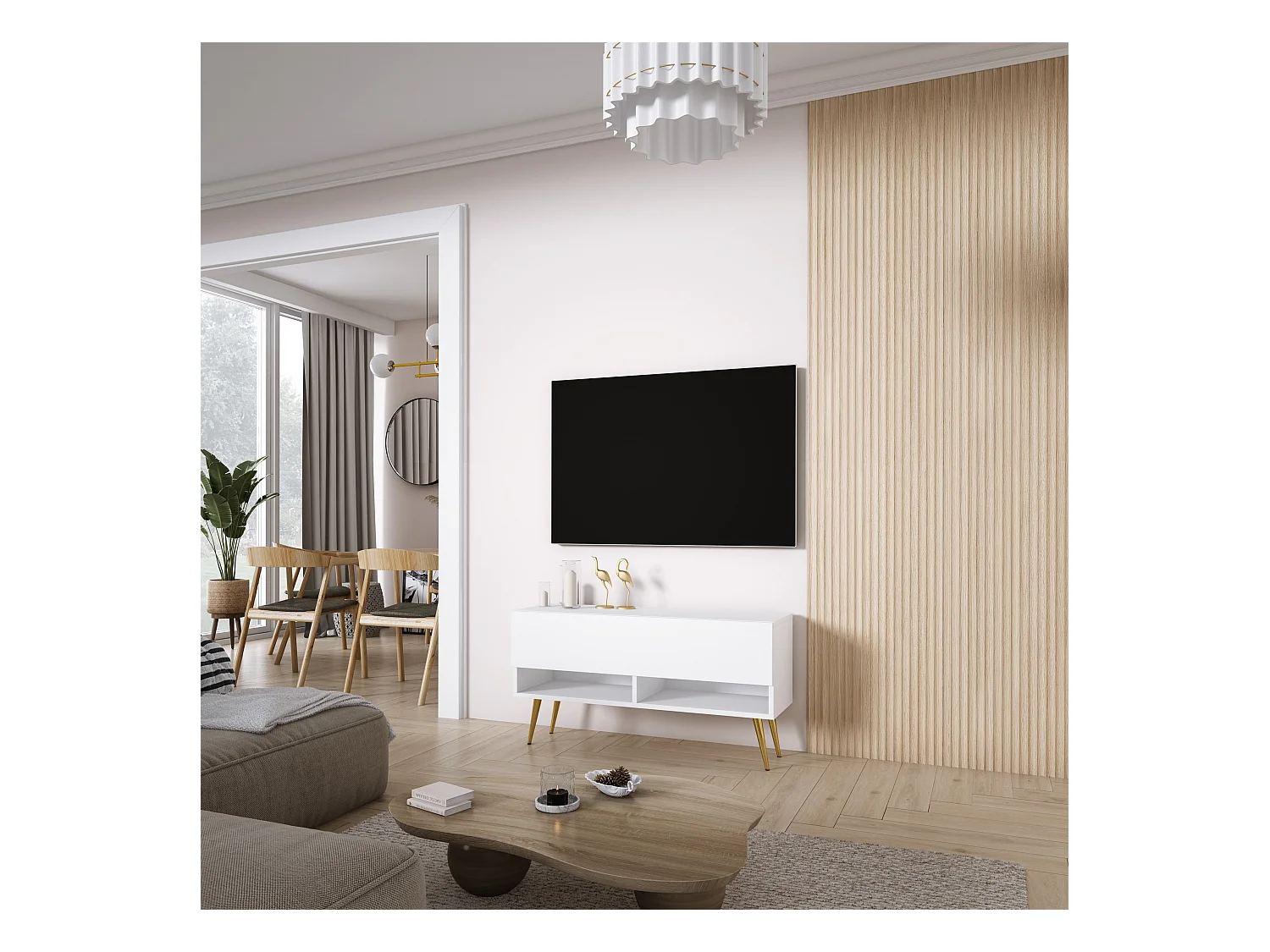 Meuble TV 100 cm Blanc Mat, pieds obliques dorés, 100 x 32 x 52 cm