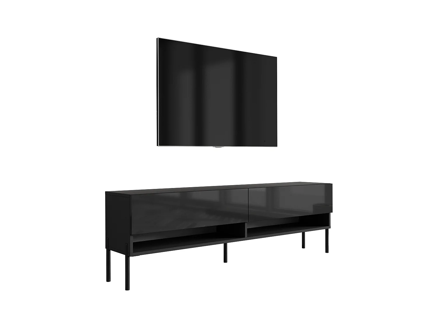 Meuble TV 170 cm Noir Mat / Noir Brillant, pieds droits noirs, 170 x 32 x 52 cm