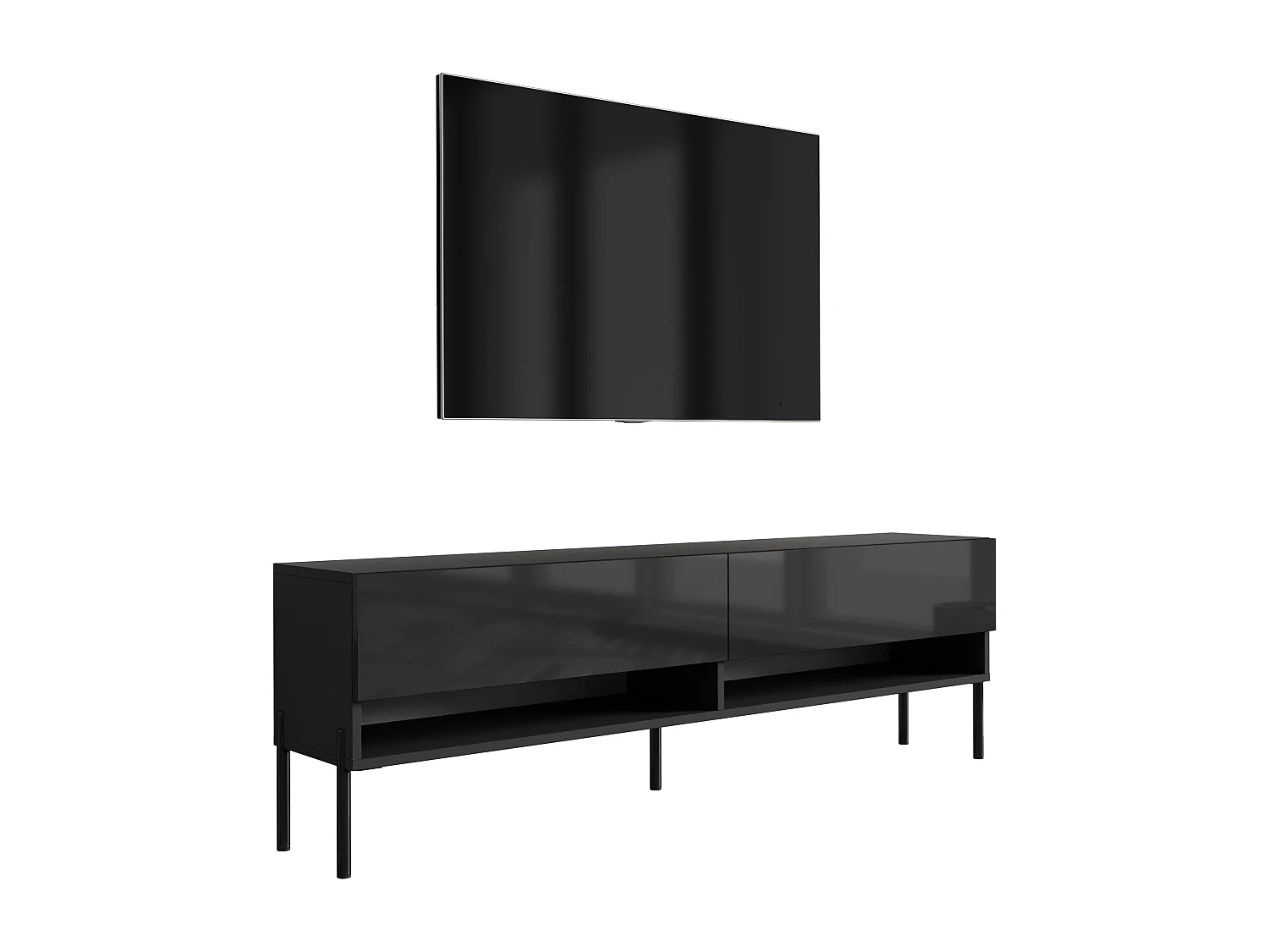 Meuble TV 170 cm Noir Mat / Noir Brillant, pieds droits noirs, 170 x 32 x 52 cm