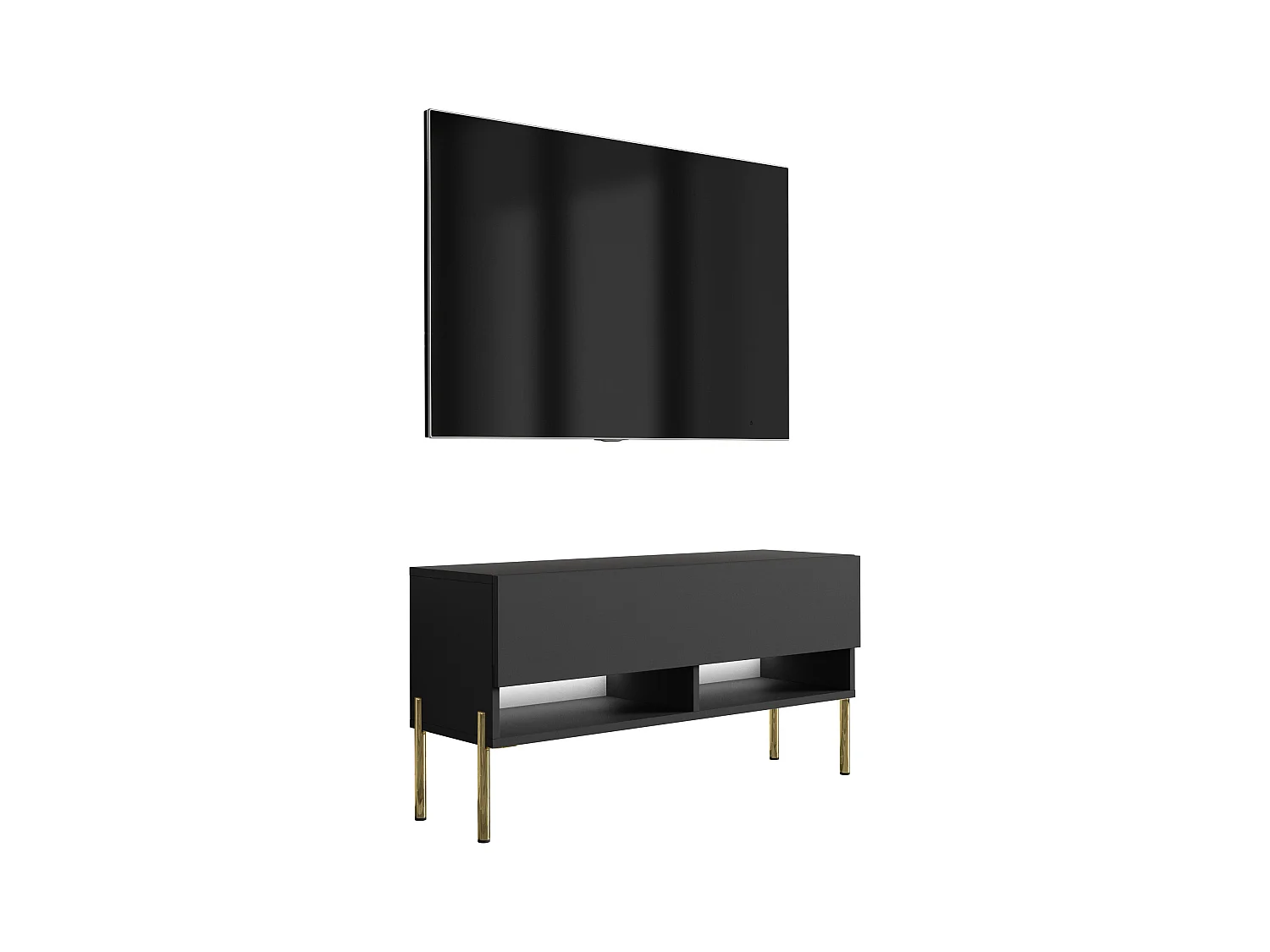 Meuble TV 100 cm Noir Mat, pieds droits dorés, LED blanche, 100 x 32 x 52 cm