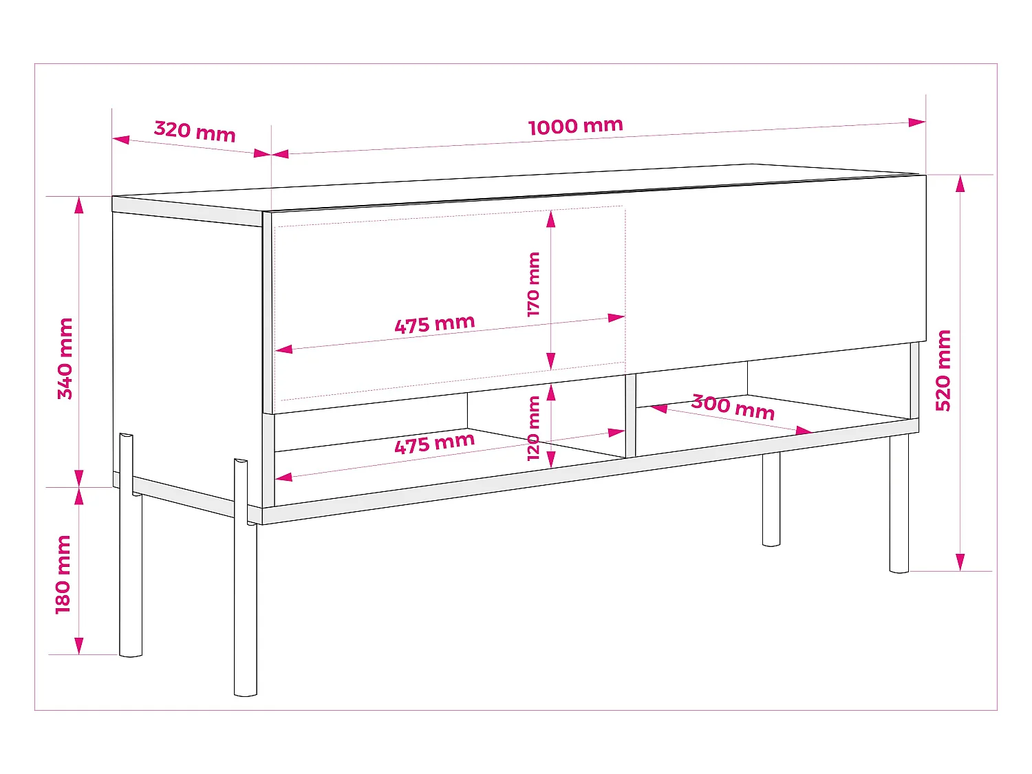 Meuble TV 100 cm Noir Mat, pieds droits dorés, LED blanche, 100 x 32 x 52 cm