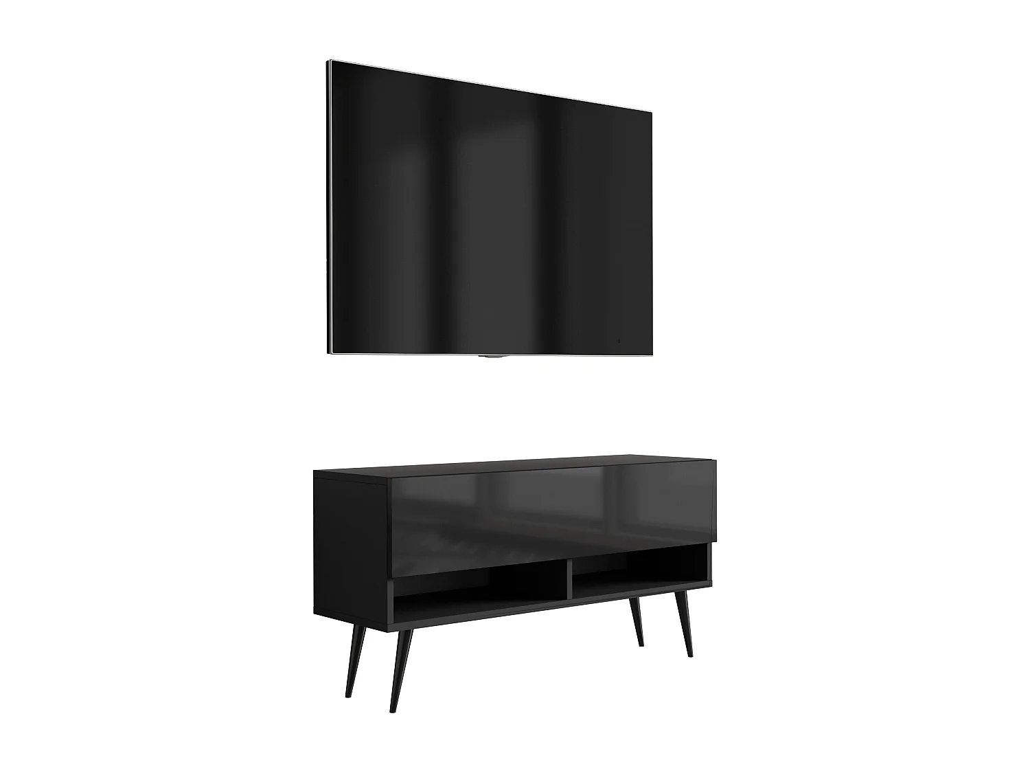 TV-Meubel 100 cm Matzwart / Glanzend Zwart, zwarte gespreide poten, 100 × 32 × 52 cm