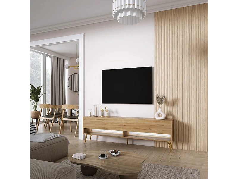 Meuble TV 170 cm Chêne Craft, pieds obliques dorés, LED blanche, 170 x 32 x 52 cm