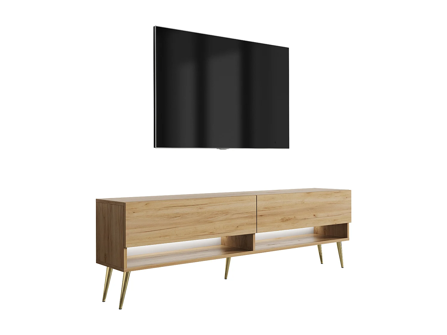 Meuble TV 170 cm Chêne Craft, pieds obliques dorés, LED blanche, 170 x 32 x 52 cm