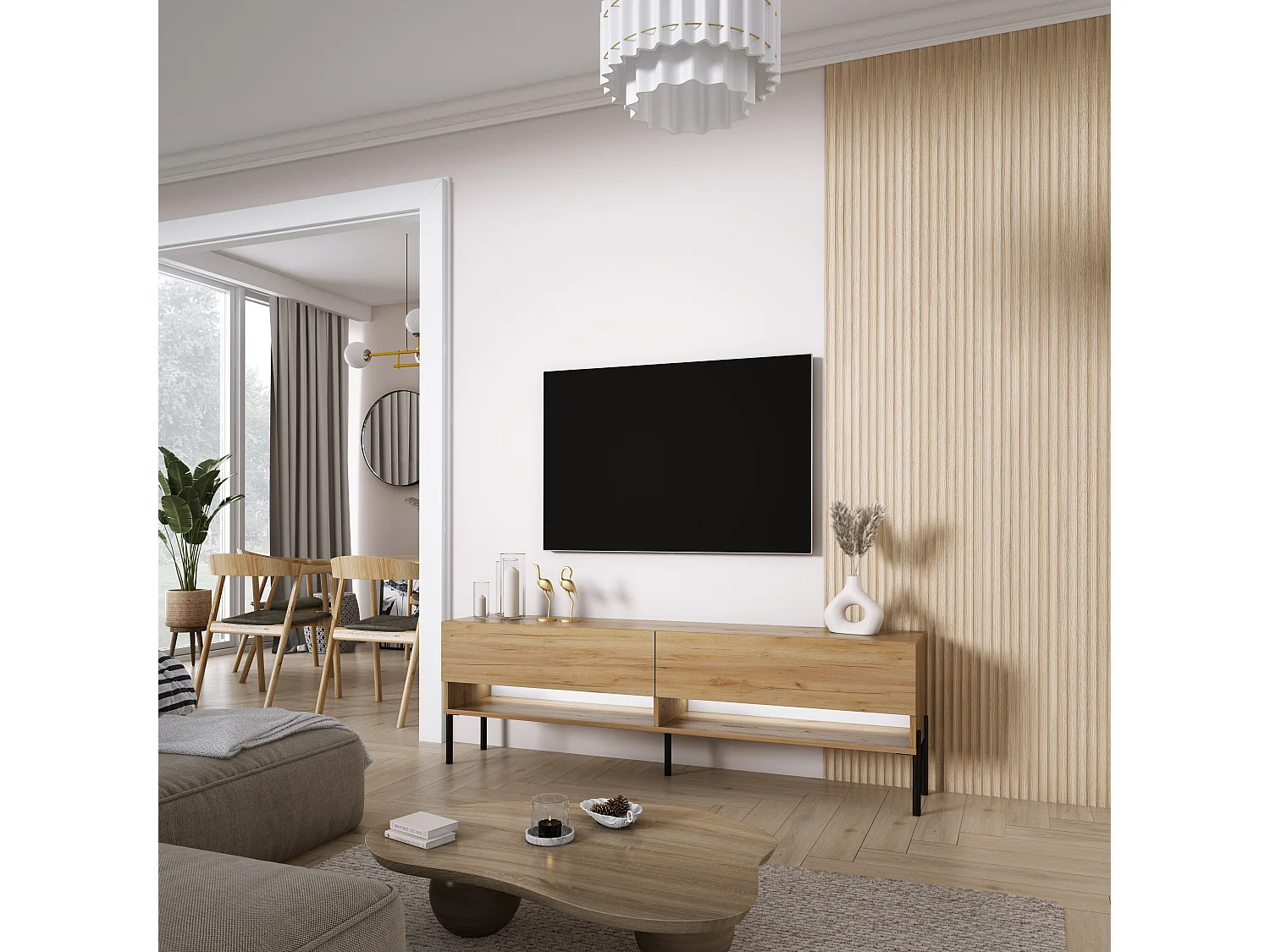 Meuble TV 170 cm Chêne Craft, pieds droits noirs, LED blanche, 170 x 32 x 52 cm