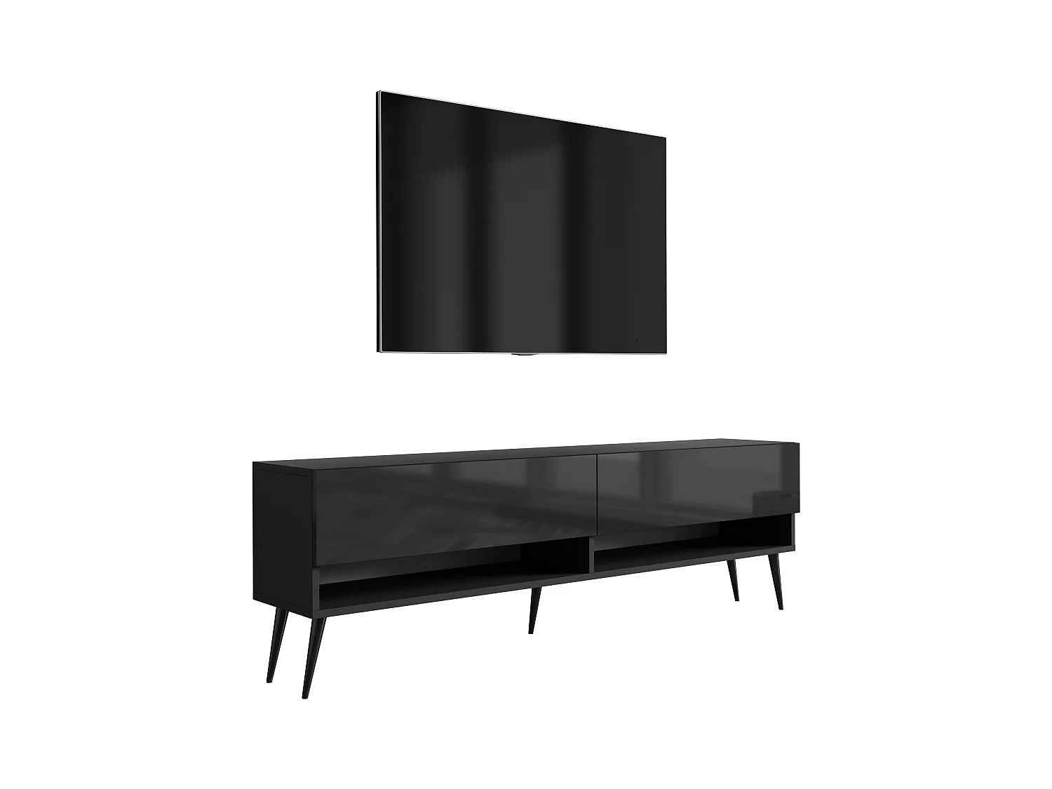 Meuble TV 170 cm Noir Mat / Noir Brillant, pieds obliques noirs, 170 x 32 x 52 cm