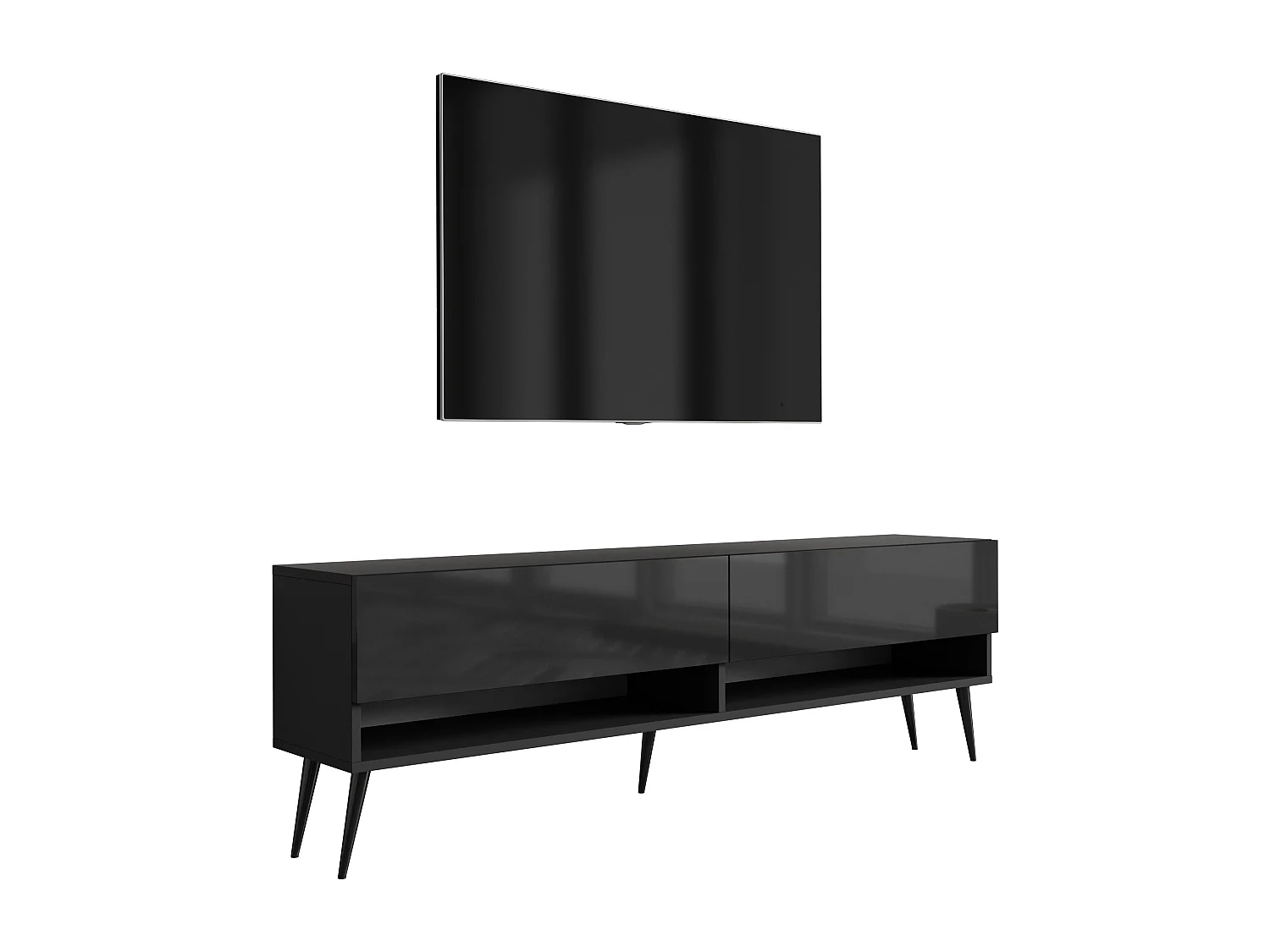 TV-Lowboard 170 cm Mattschwarz / Hochglanzschwarz, schwarze schräge Beine, 170 × 32 × 52 cm