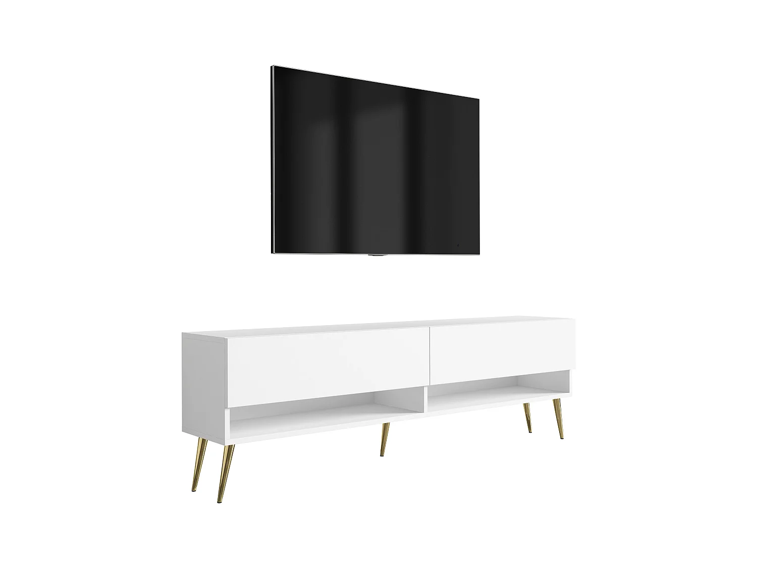 Meuble TV 170 cm Blanc Mat, pieds obliques dorés, 170 x 32 x 52 cm