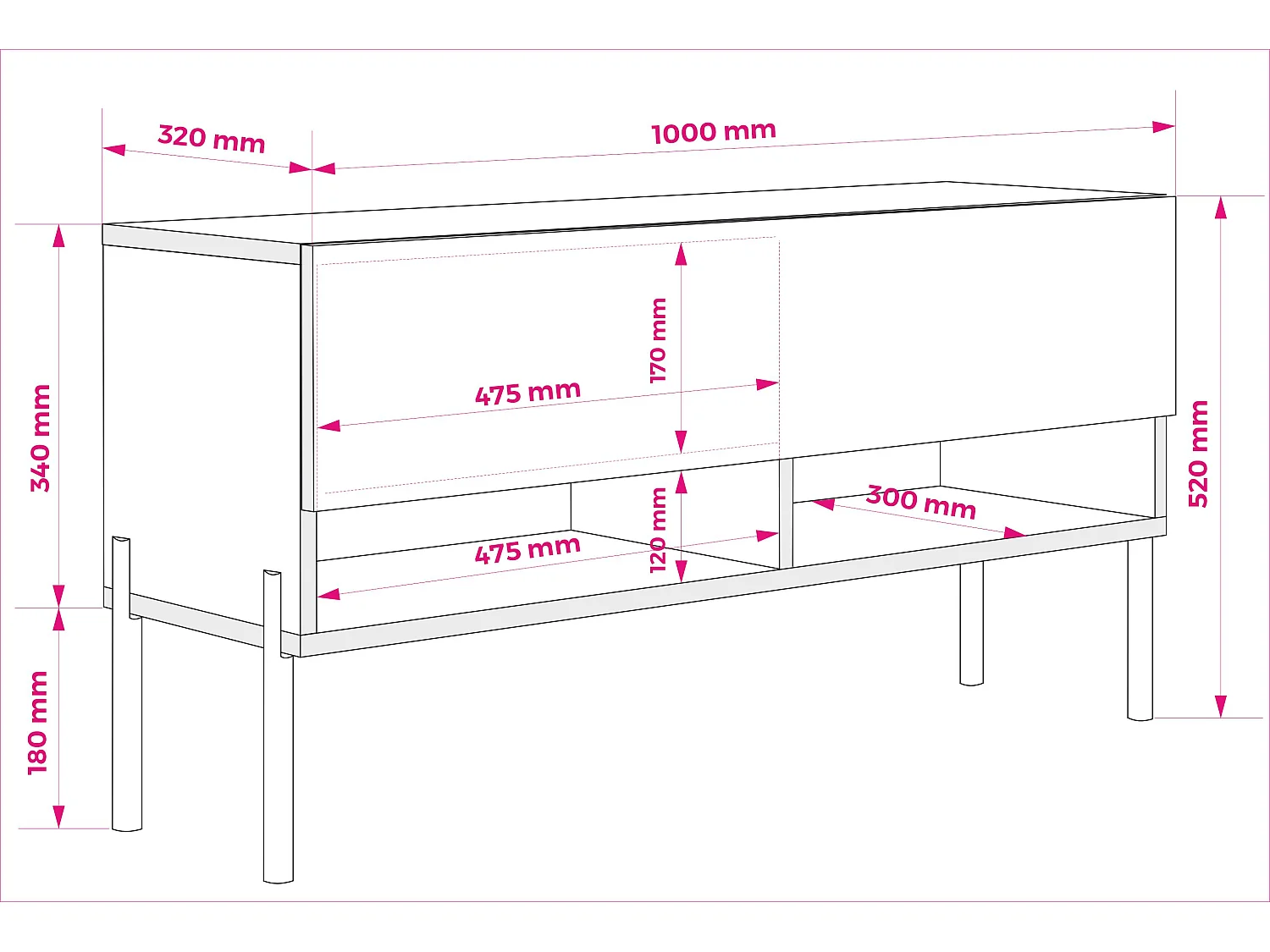 TV-Lowboard 100 cm Mattweiß, gerade schwarze Beine, 100 × 32 × 52 cm