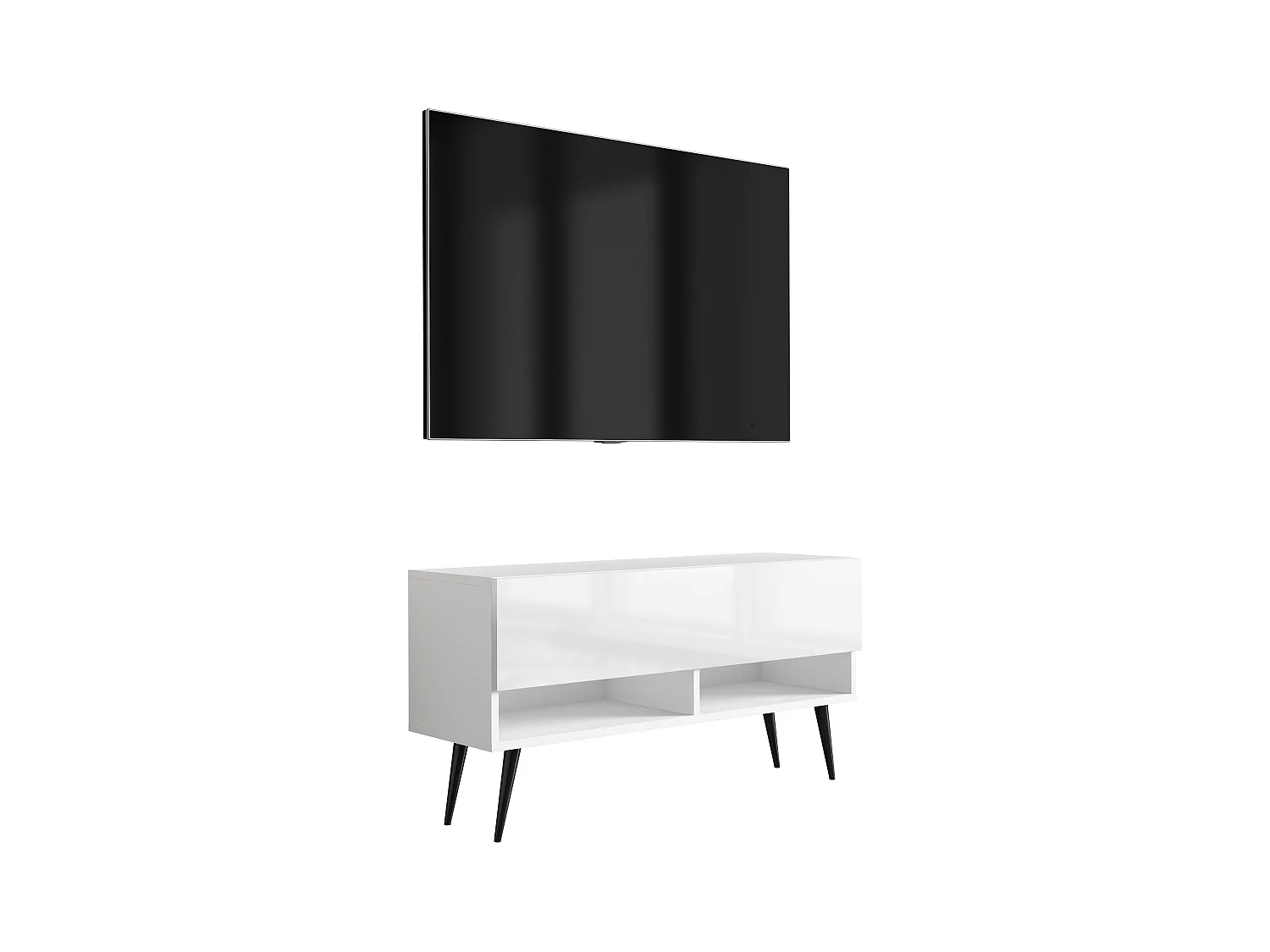 Meuble TV 100 cm Blanc Mat / Blanc Brillant, pieds obliques noirs, 100 x 32 x 52 cm