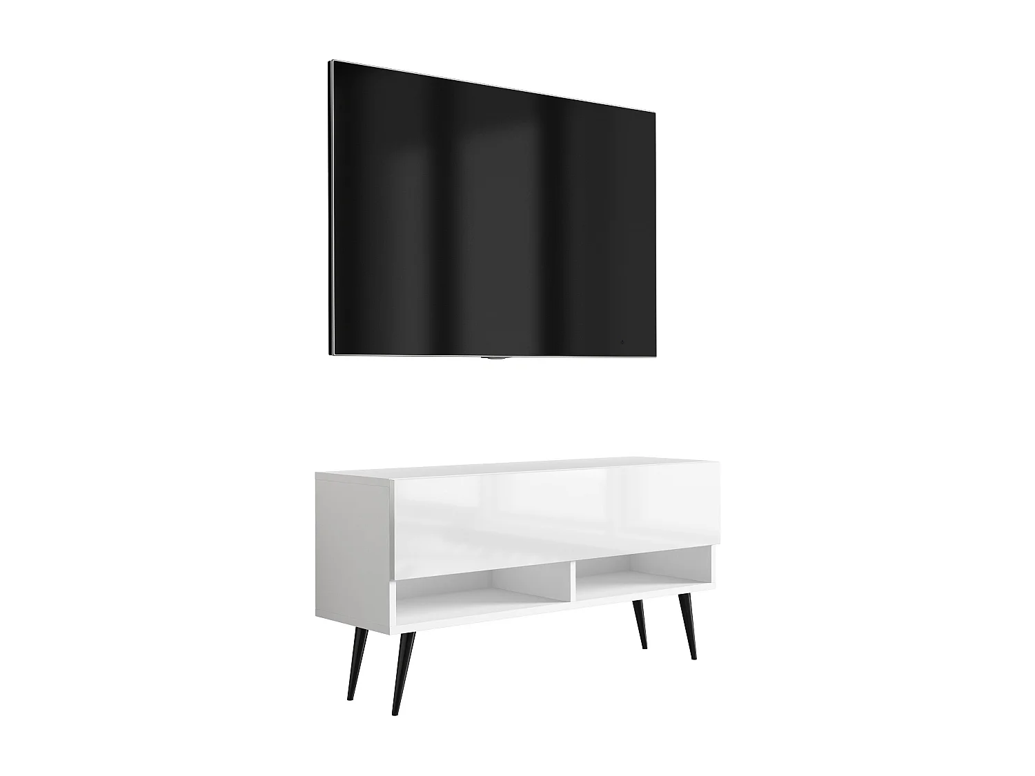 Mueble TV 100 cm Blanco Mate / Blanco Brillo, patas negras, 100 × 32 × 52 cm