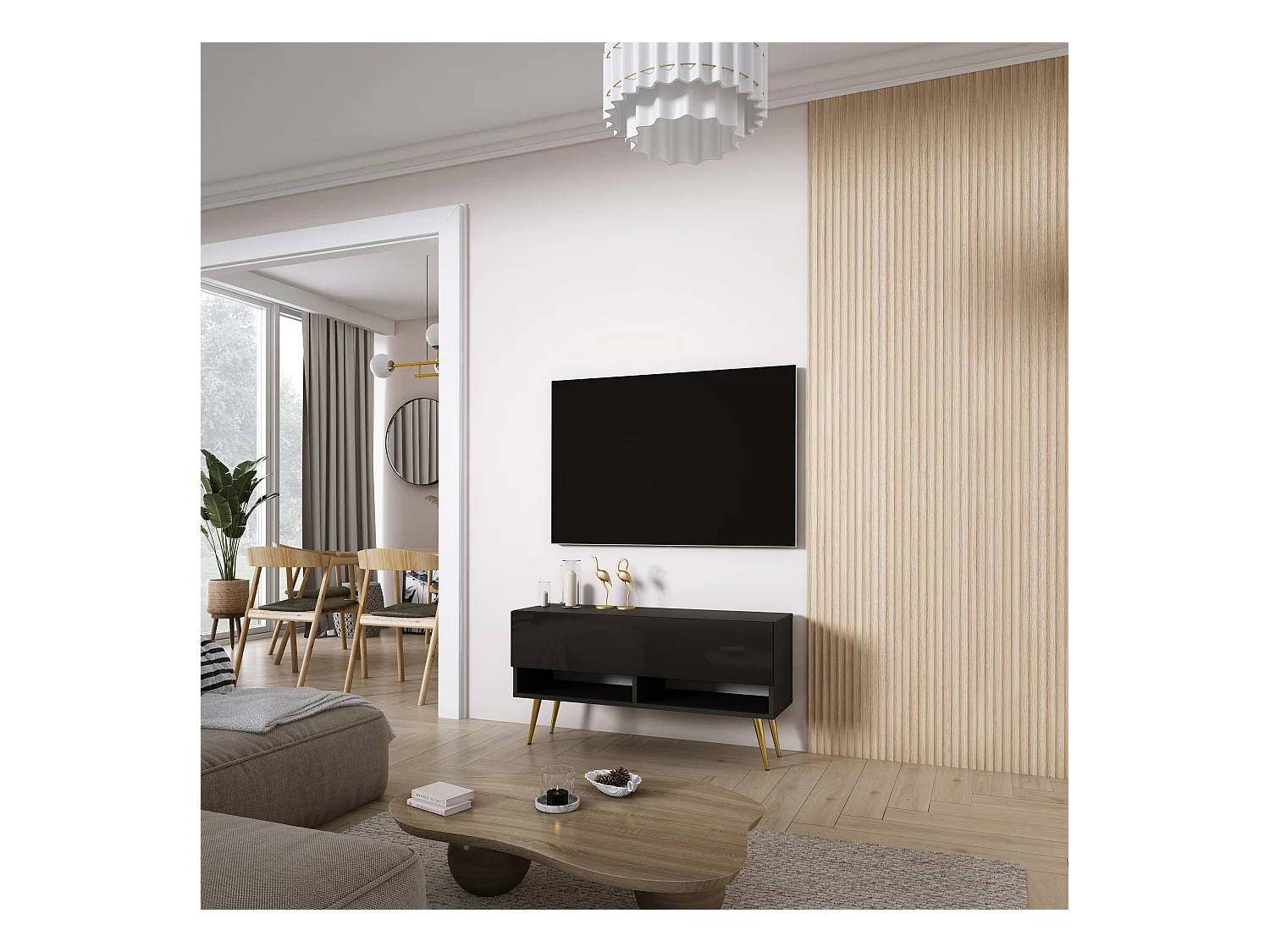 TV-Lowboard 100 cm Mattschwarz / Hochglanzschwarz, goldene schräge Beine, 100 × 32 × 52 cm