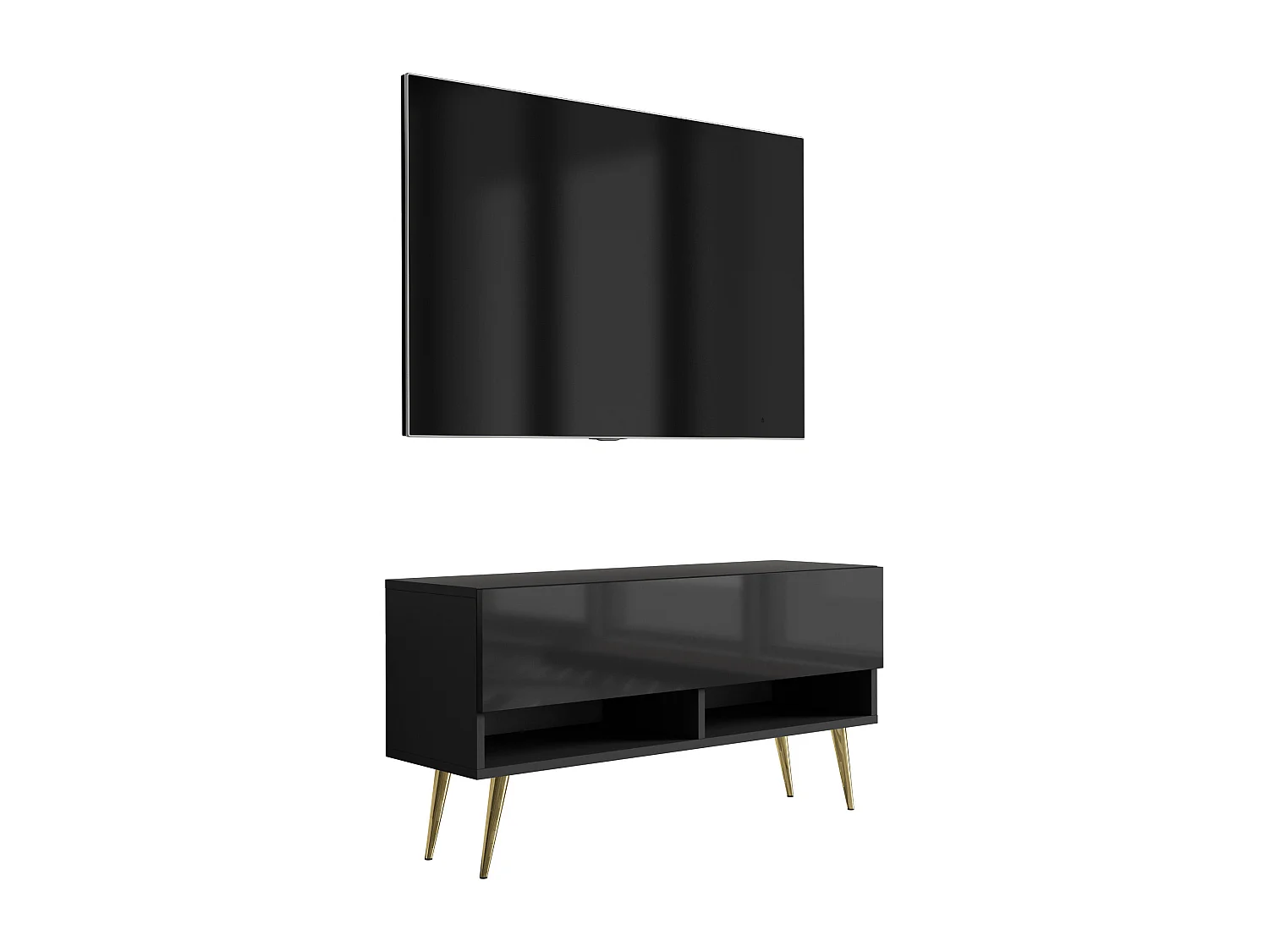 Meuble TV 100 cm Noir Mat / Noir Brillant, pieds obliques dorés, 100 x 32 x 52 cm
