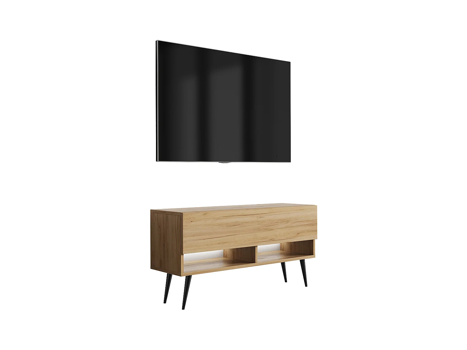 Meuble TV 100 cm Chêne Craft, pieds obliques noirs, LED blanche, 100 x 32 x 52 cm