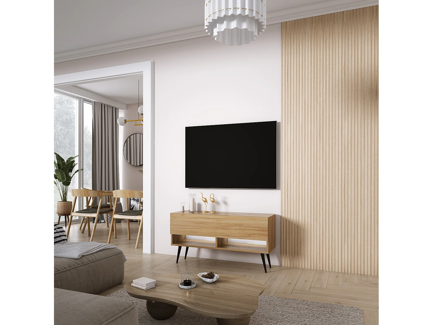 Meuble TV 100 cm Chêne Craft, pieds obliques noirs, LED blanche, 100 x 32 x 52 cm