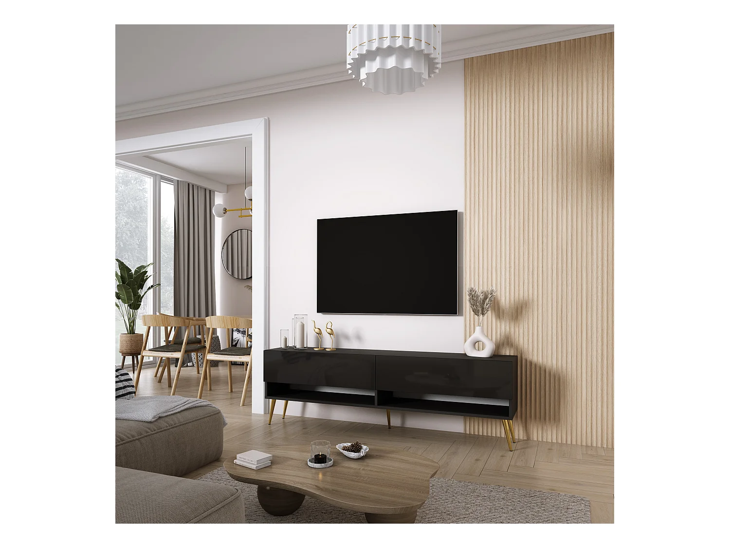 Meuble TV 170 cm Noir Mat / Noir Brillant, pieds obliques dorés, 170 x 32 x 52 cm