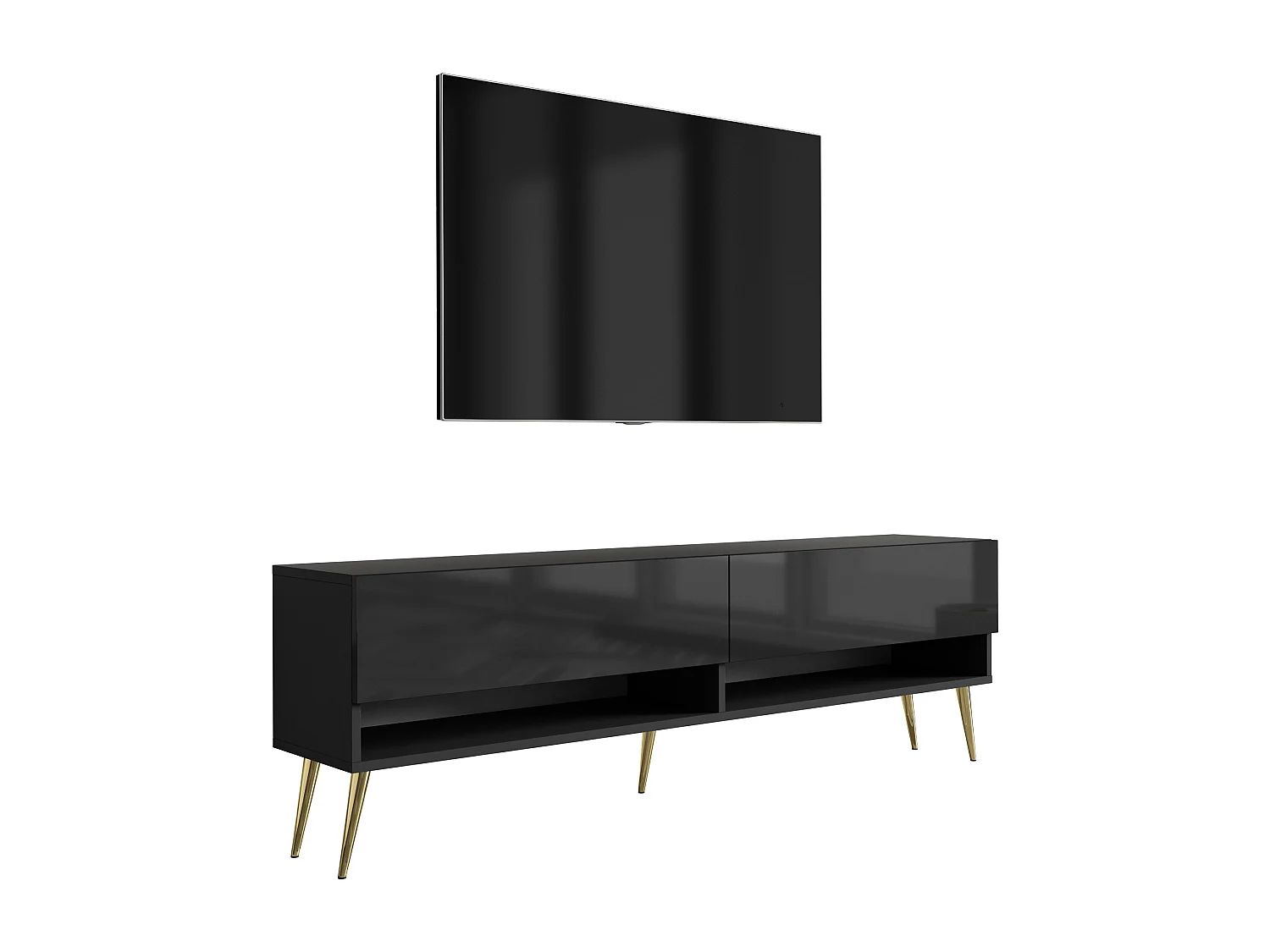 TV-Lowboard 170 cm Mattschwarz / Hochglanzschwarz, goldene schräge Beine, 170 × 32 × 52 cm