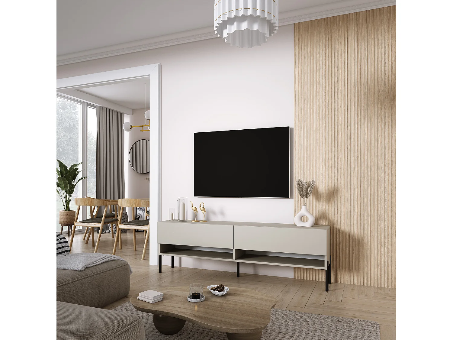 Meuble TV 170 cm Cachemire, pieds droits noirs, LED blanche, 170 x 32 x 52 cm